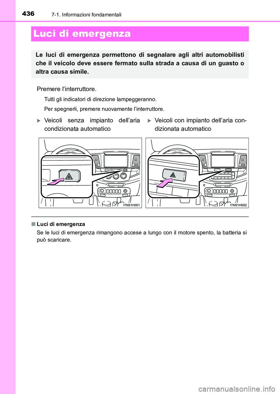 TOYOTA HILUX 2015 Manuale duso (in Italian) 4367-1. Informazioni fondamentali
HILUX_OM_OM71216L_(EL)
Luci di emergenza
Premere l’interruttore.
Tutti gli indicatori di direzione lampeggeranno.
Per spegnerli, premere nuovamente l’interruttore TOYOTA HILUX 2015 Manuale duso (in Italian) 4367-1. Informazioni fondamentali
HILUX_OM_OM71216L_(EL)
Luci di emergenza
Premere l’interruttore.
Tutti gli indicatori di direzione lampeggeranno.
Per spegnerli, premere nuovamente l’interruttore