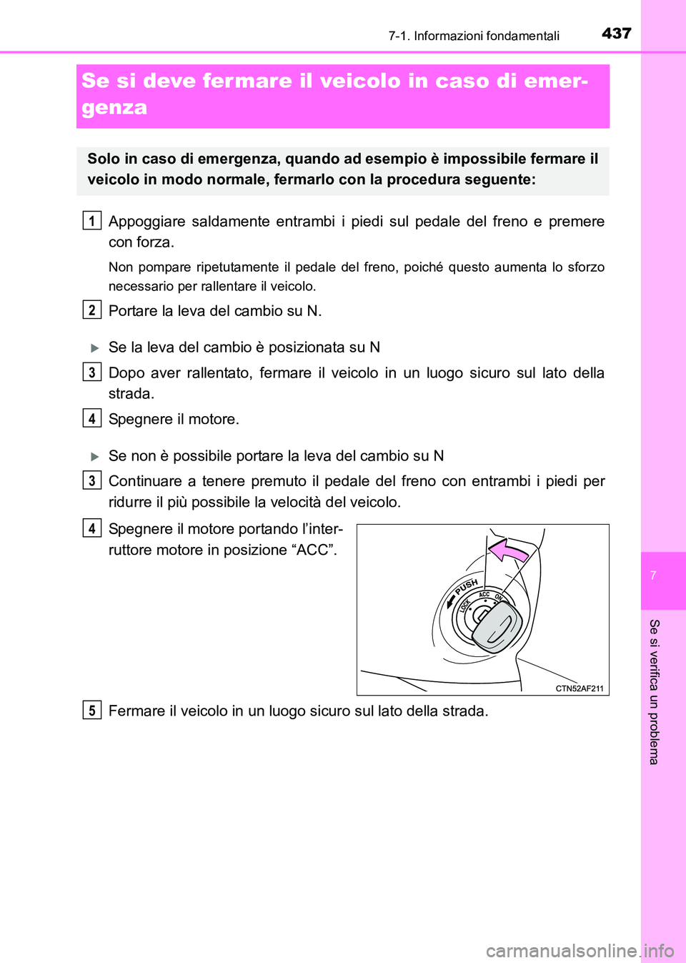 TOYOTA HILUX 2015 Manuale duso (in Italian) 437
7
7-1. Informazioni fondamentali
Se si verifica un problema
HILUX_OM_OM71216L_(EL)
Se si deve fermare il veicolo in caso di emer-
genza
Appoggiare saldamente entrambi i piedi sul pedale del freno TOYOTA HILUX 2015 Manuale duso (in Italian) 437
7
7-1. Informazioni fondamentali
Se si verifica un problema
HILUX_OM_OM71216L_(EL)
Se si deve fermare il veicolo in caso di emer-
genza
Appoggiare saldamente entrambi i piedi sul pedale del freno