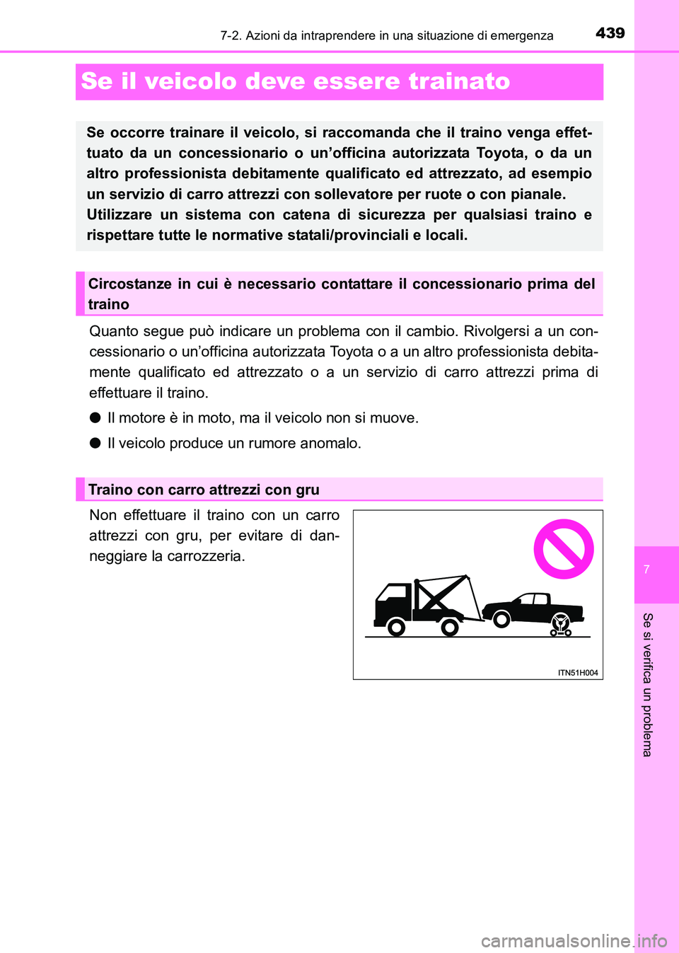 TOYOTA HILUX 2015 Manuale duso (in Italian) 439
7
7-2. Azioni da intraprendere in una situazione di emergenza
Se si verifica un problema
HILUX_OM_OM71216L_(EL)
Se il veicolo deve essere trainato
Quanto segue può indicare un problema con il cam TOYOTA HILUX 2015 Manuale duso (in Italian) 439
7
7-2. Azioni da intraprendere in una situazione di emergenza
Se si verifica un problema
HILUX_OM_OM71216L_(EL)
Se il veicolo deve essere trainato
Quanto segue può indicare un problema con il cam