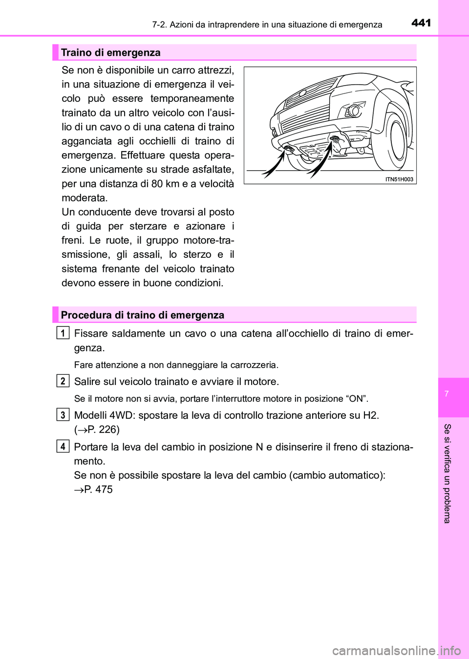 TOYOTA HILUX 2015 Manuale duso (in Italian) 4417-2. Azioni da intraprendere in una situazione di emergenza
7
Se si verifica un problema
HILUX_OM_OM71216L_(EL)
Se non è disponibile un carro attrezzi,
in una situazione di emergenza il vei-
colo TOYOTA HILUX 2015 Manuale duso (in Italian) 4417-2. Azioni da intraprendere in una situazione di emergenza
7
Se si verifica un problema
HILUX_OM_OM71216L_(EL)
Se non è disponibile un carro attrezzi,
in una situazione di emergenza il vei-
colo