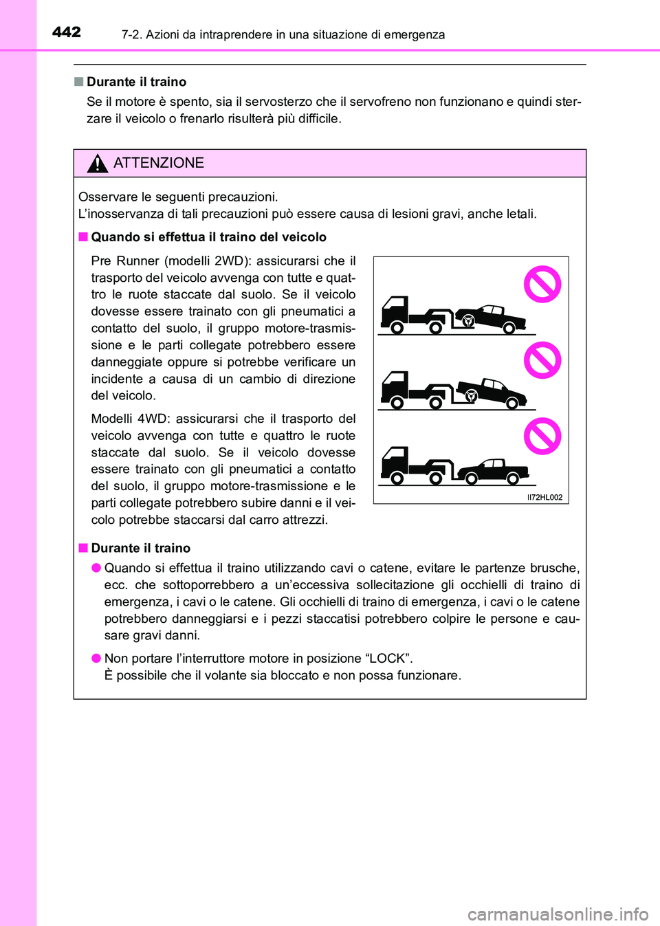 TOYOTA HILUX 2015 Manuale duso (in Italian) 4427-2. Azioni da intraprendere in una situazione di emergenza
HILUX_OM_OM71216L_(EL)
■Durante il traino
Se il motore è spento, sia il servosterzo che il servofreno non funzionano e quindi ster-
za TOYOTA HILUX 2015 Manuale duso (in Italian) 4427-2. Azioni da intraprendere in una situazione di emergenza
HILUX_OM_OM71216L_(EL)
■Durante il traino
Se il motore è spento, sia il servosterzo che il servofreno non funzionano e quindi ster-
za