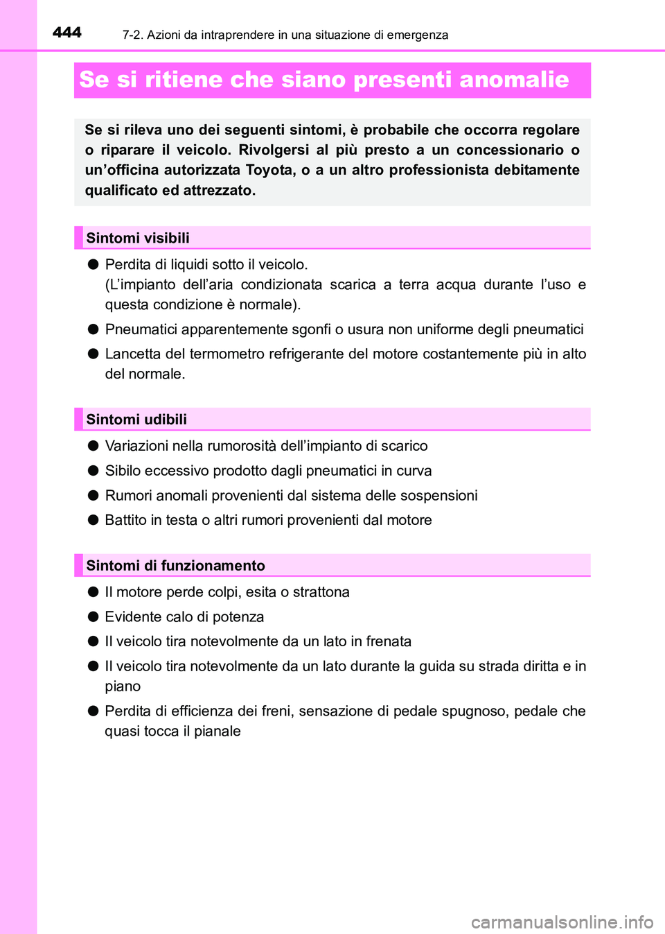 TOYOTA HILUX 2015 Manuale duso (in Italian) 4447-2. Azioni da intraprendere in una situazione di emergenza
HILUX_OM_OM71216L_(EL)
Se si ritiene che siano presenti anomalie
●Perdita di liquidi sotto il veicolo.
(L’impianto dell’aria condi TOYOTA HILUX 2015 Manuale duso (in Italian) 4447-2. Azioni da intraprendere in una situazione di emergenza
HILUX_OM_OM71216L_(EL)
Se si ritiene che siano presenti anomalie
●Perdita di liquidi sotto il veicolo.
(L’impianto dell’aria condi