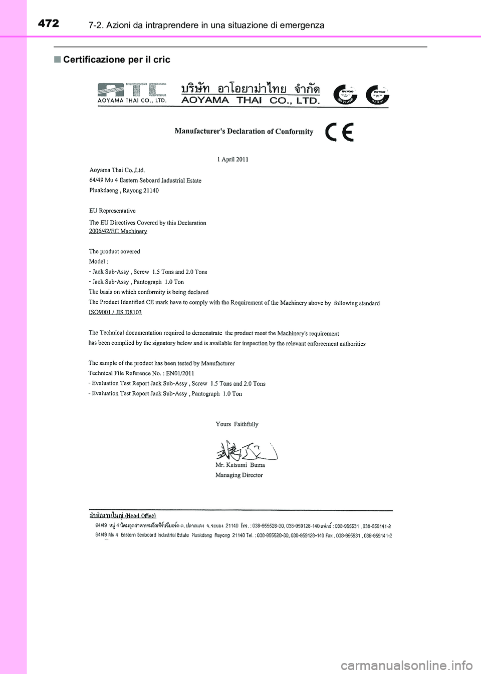 TOYOTA HILUX 2015  Manuale duso (in Italian) 4727-2. Azioni da intraprendere in una situazione di emergenza
HILUX_OM_OM71216L_(EL)
■Certificazione per il cric
HILUX_OM_OM71216L_(EL).book  Page 472  Friday, May 9, 2014  7:2 1 PM 