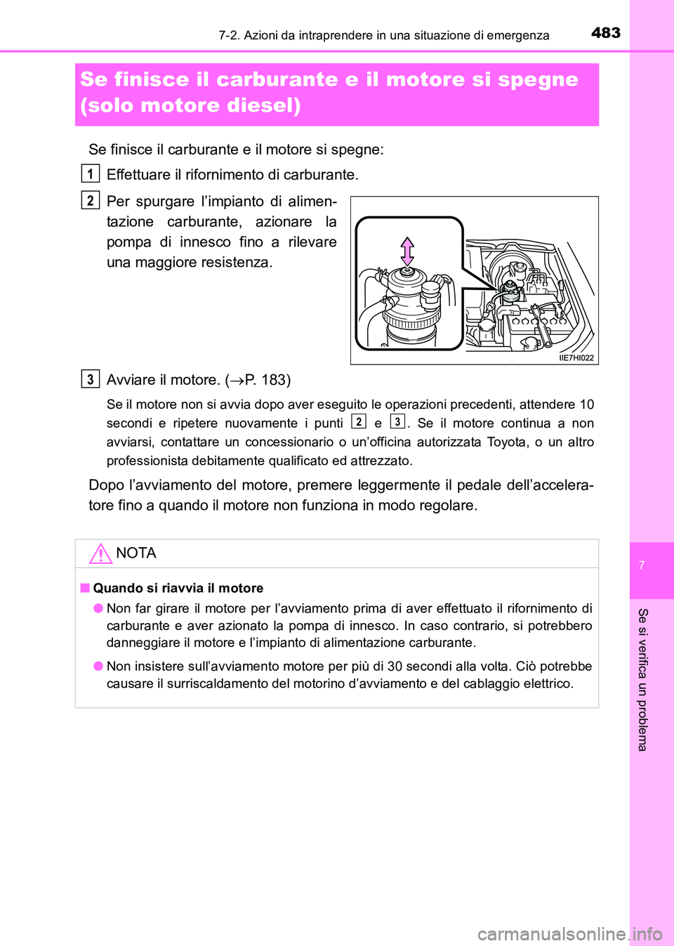 TOYOTA HILUX 2015  Manuale duso (in Italian) 483
7
7-2. Azioni da intraprendere in una situazione di emergenza
Se si verifica un problema
HILUX_OM_OM71216L_(EL)
Se finisce il carburante e il motore si spegne 
(solo motore diesel)
Se finisce il c