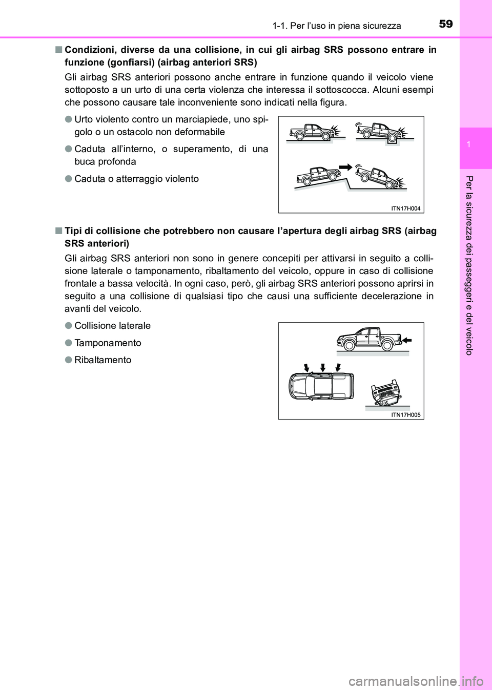 TOYOTA HILUX 2015  Manuale duso (in Italian) 591-1. Per l’uso in piena sicurezza
1
HILUX_OM_OM71216L_(EL)
Per la sicurezza dei passeggeri e del veicolo
■Condizioni, diverse da una collisione, in cui gli airbag SRS possono entrare in
funzione