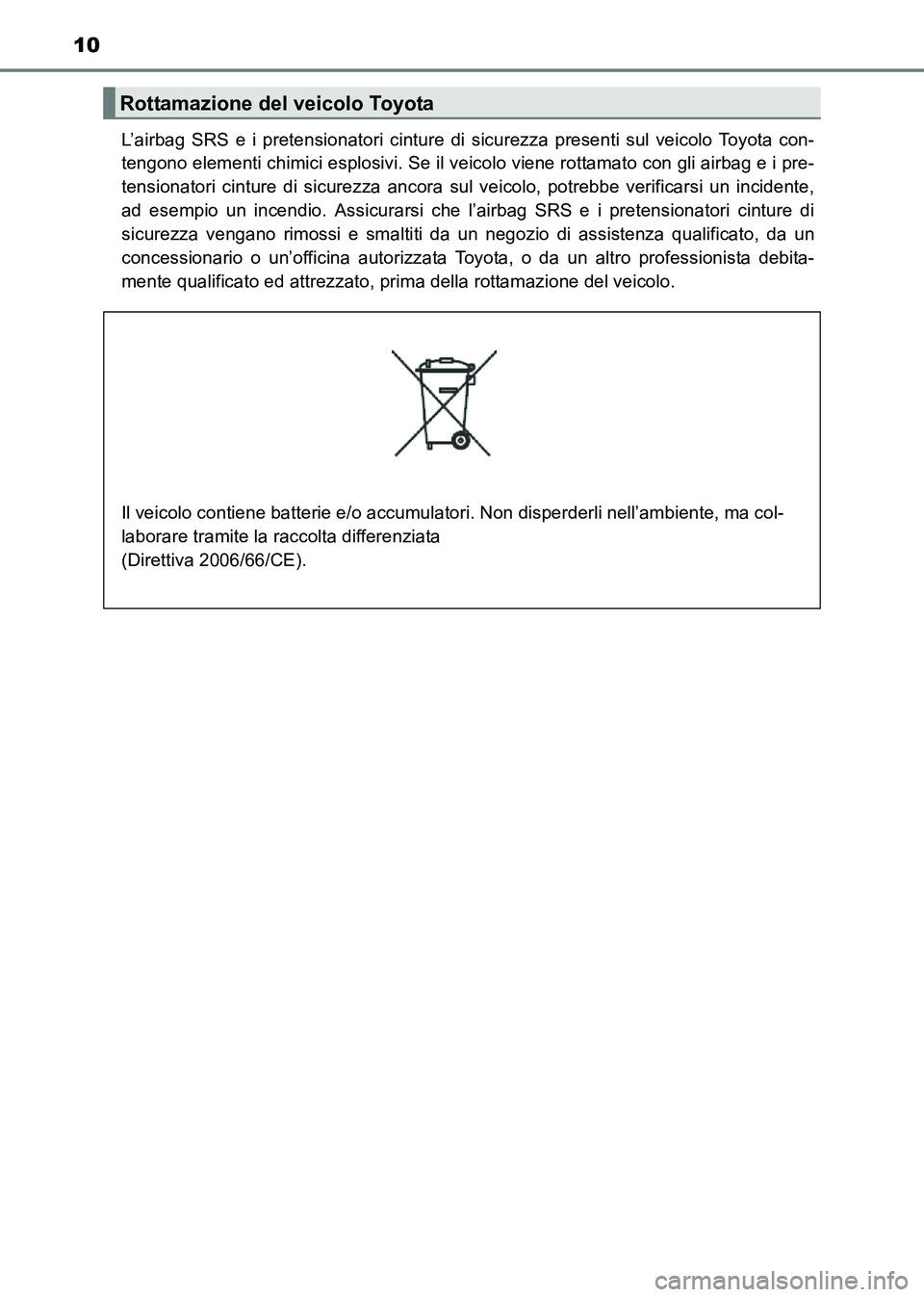 TOYOTA HILUX 2015 Manuale duso (in Italian) 10
HILUX_OM_OM71216L_(EL)L’airbag SRS e i pretensionatori cinture di sicurezza presenti sul veicolo Toyota con-
tengono elementi chimici esplosivi. Se il veicolo viene rottamato con gli airbag e i p TOYOTA HILUX 2015 Manuale duso (in Italian) 10
HILUX_OM_OM71216L_(EL)L’airbag SRS e i pretensionatori cinture di sicurezza presenti sul veicolo Toyota con-
tengono elementi chimici esplosivi. Se il veicolo viene rottamato con gli airbag e i p