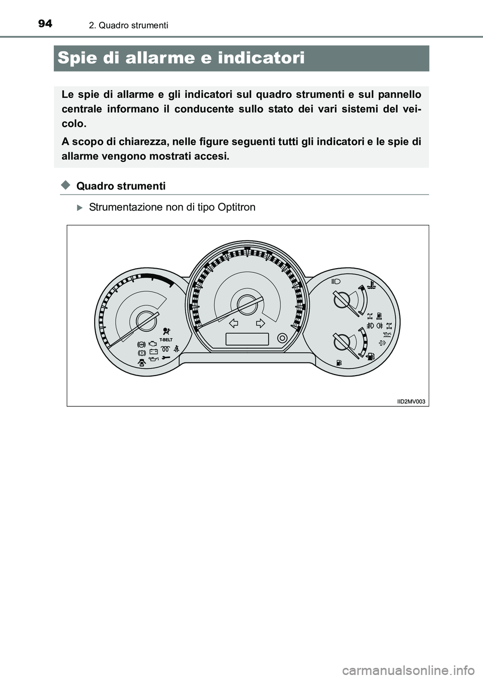 TOYOTA HILUX 2015  Manuale duso (in Italian) 942. Quadro strumenti
HILUX_OM_OM71216L_(EL)
Spie di allarme e indicatori
◆Quadro strumenti
�XStrumentazione non di tipo Optitron
Le spie di allarme e gli indicatori sul quadro strumenti e sul panne