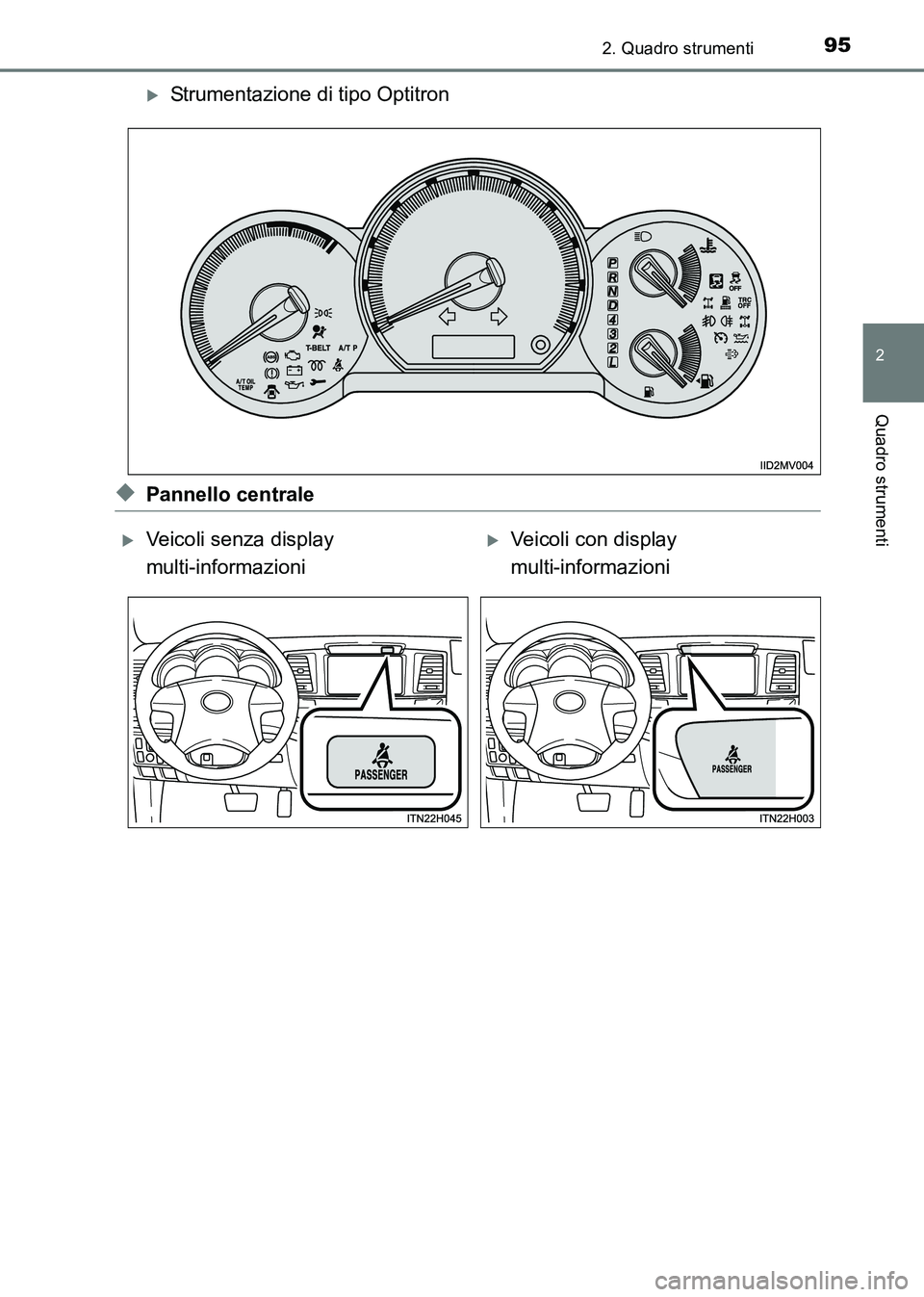 TOYOTA HILUX 2015  Manuale duso (in Italian) 952. Quadro strumenti
2
Quadro strumenti
HILUX_OM_OM71216L_(EL)
�XStrumentazione di tipo Optitron
◆Pannello centrale
�XVeicoli senza display 
multi-informazioni�XVeicoli con display 
multi-informazi