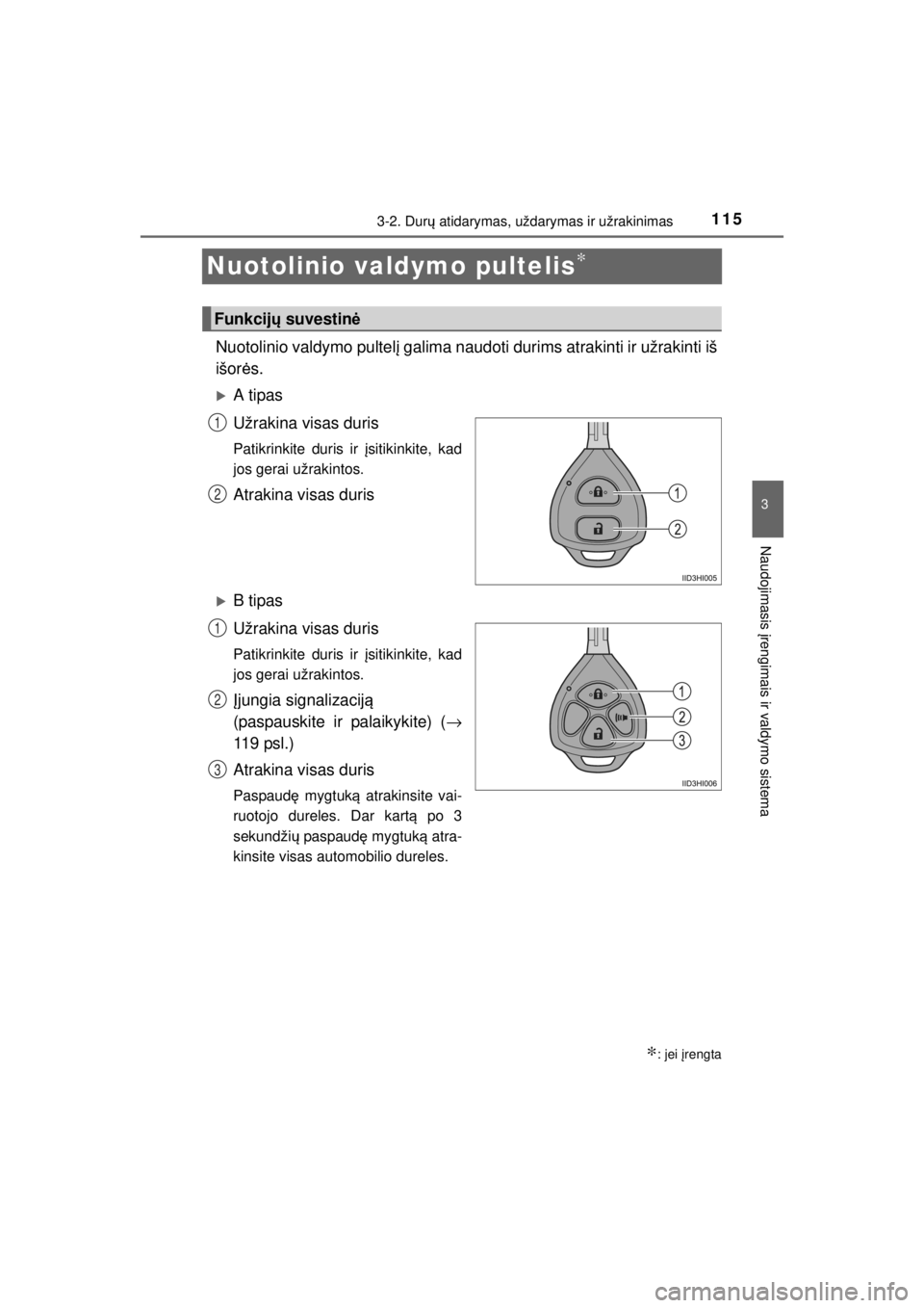 TOYOTA HILUX 2015  Eksploatavimo vadovas (in Lithuanian) 
115
3
3-2. Durų atidarymas, uždarymas ir užrakinimas
Naudojimasis  įrengimais ir valdymo sistema
HILUX_OM_OM0K219E_(EE)
Nuotolinio valdymo pultelis∗
Nuotolinio valdymo pultel į galima naudoti 
