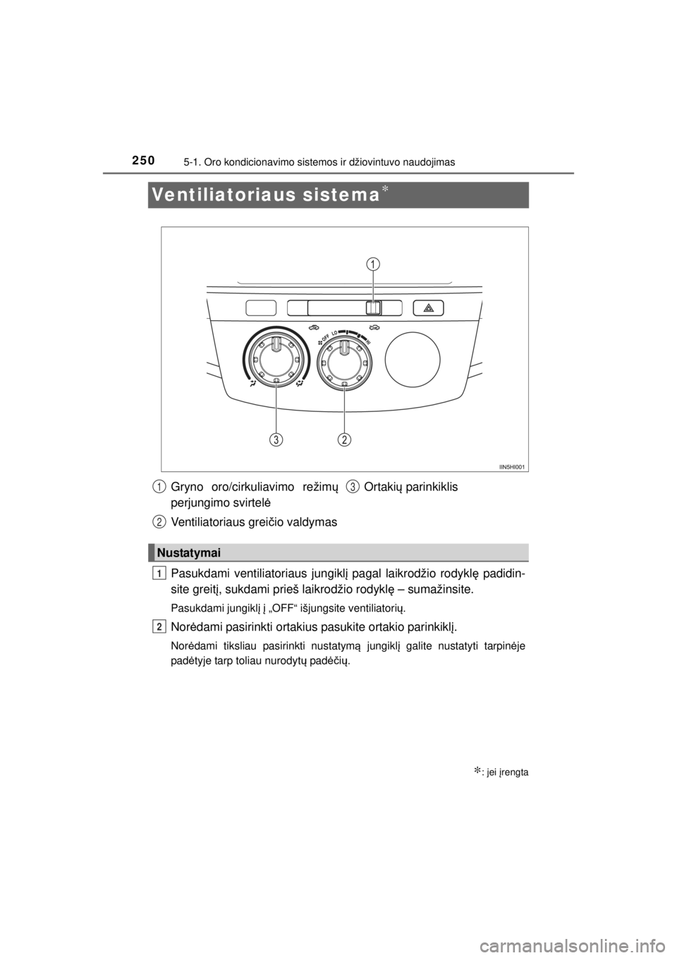 TOYOTA HILUX 2015 Eksploatavimo vadovas (in Lithuanian)
2505-1. Oro kondicionavimo sistemos ir džiovintuvo naudojimas
HILUX_OM_OM0K219E_(EE)
Ventiliatoriaus sistema∗
Pasukdami ventiliatoriaus jungiklį pagal laikrodžio rodykl ę padidin-
site greit į TOYOTA HILUX 2015 Eksploatavimo vadovas (in Lithuanian)
2505-1. Oro kondicionavimo sistemos ir džiovintuvo naudojimas
HILUX_OM_OM0K219E_(EE)
Ventiliatoriaus sistema∗
Pasukdami ventiliatoriaus jungiklį pagal laikrodžio rodykl ę padidin-
site greit į