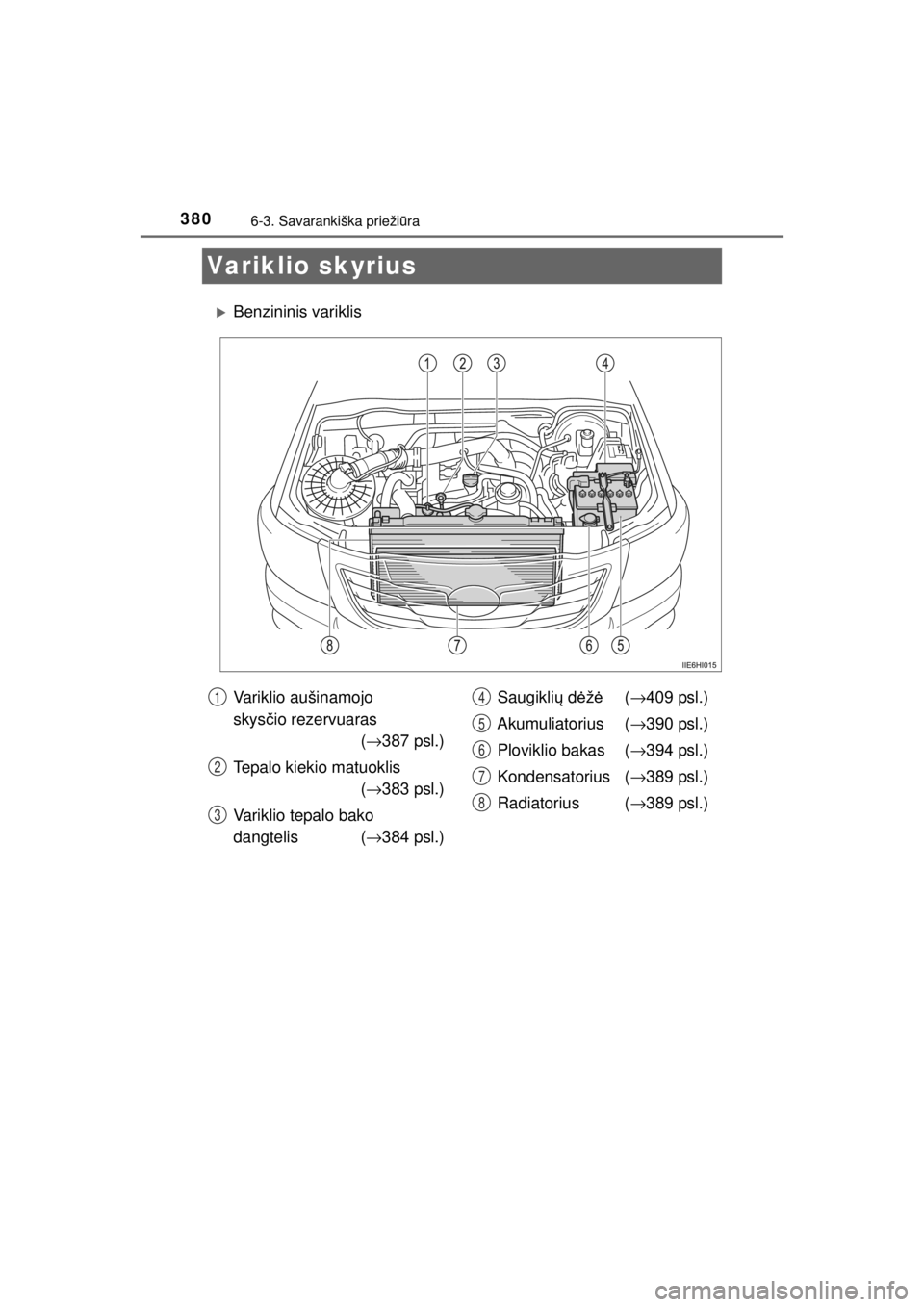 TOYOTA HILUX 2015  Eksploatavimo vadovas (in Lithuanian) 
3806-3. Savarankiška priežiūra
HILUX_OM_OM0K219E_(EE)
Variklio skyrius
�XBenzininis variklis
Variklio aušinamojo 
skys čio rezervuaras 
(→ 387 psl.)
Tepalo kiekio matuoklis   (→ 383 psl.)
Va