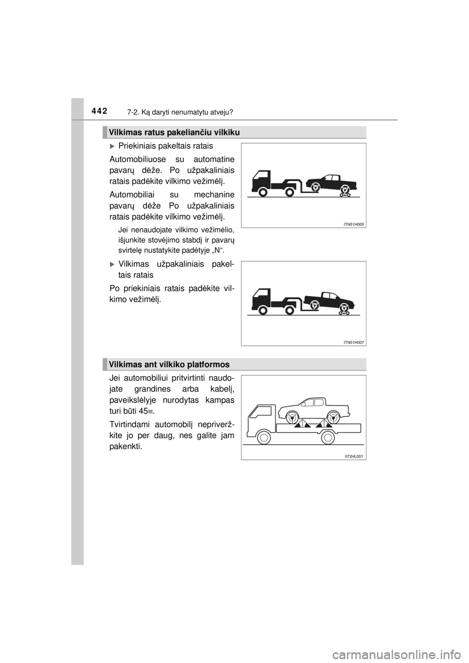 TOYOTA HILUX 2015  Eksploatavimo vadovas (in Lithuanian) 
4427-2. Ką daryti nenumatytu atveju?
HILUX_OM_OM0K219E_(EE)
�XPriekiniais pakeltais ratais
Automobiliuose su automatine
pavar ų d ėže. Po užpakaliniais
ratais pad ėkite vilkimo vežim ėlį.
Au