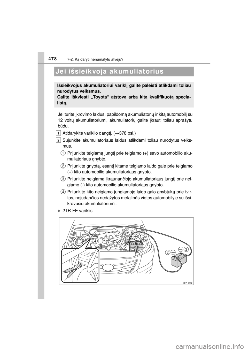 TOYOTA HILUX 2015  Eksploatavimo vadovas (in Lithuanian) 
4787-2. Ką daryti nenumatytu atveju?
HILUX_OM_OM0K219E_(EE)
Jei išsieikvoja akumuliatorius
Jei turite  įkrovimo laidus, papildom ą akumuliatori ų ir kit ą automobil į su
12 volt ų akumuliator