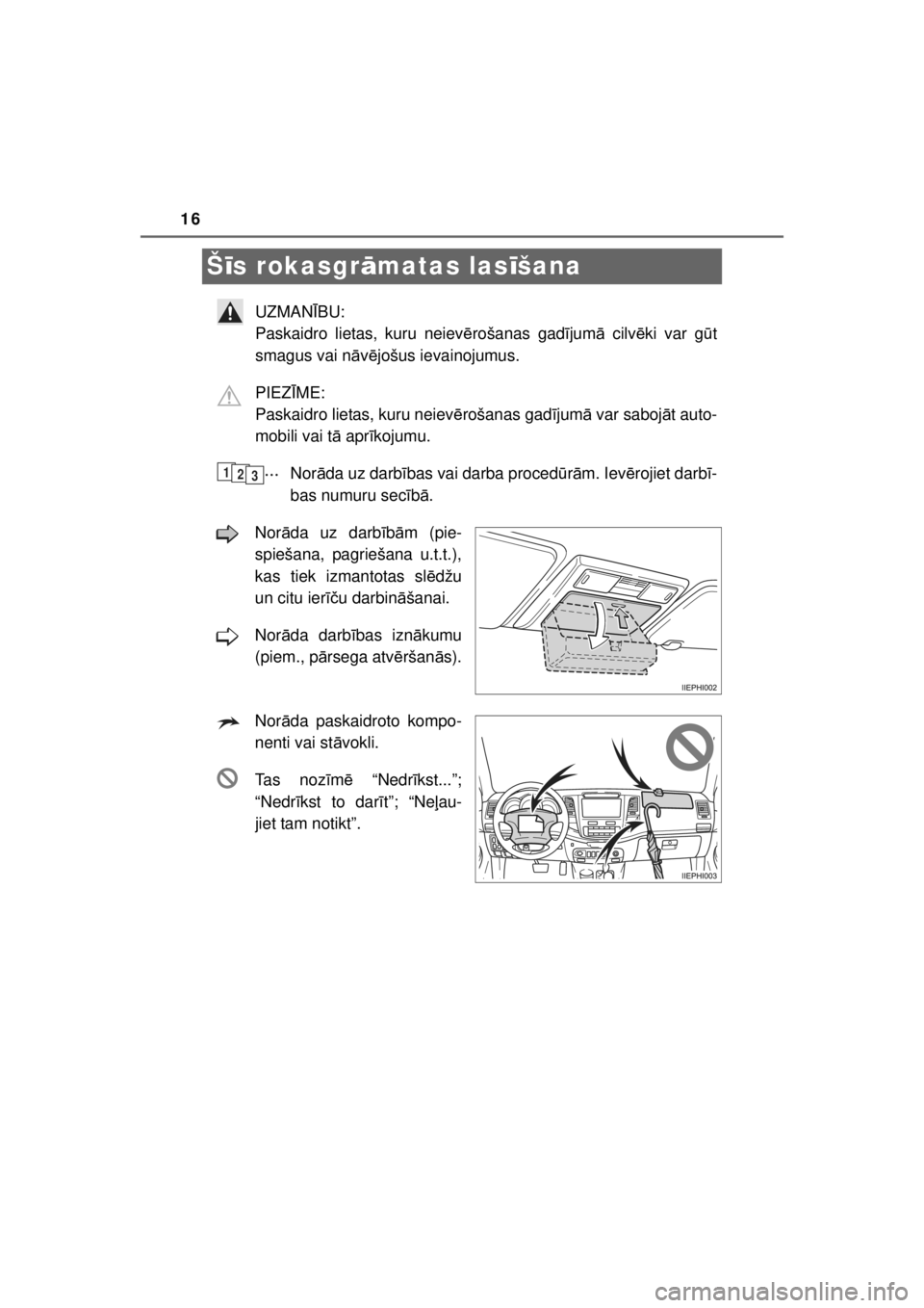 TOYOTA HILUX 2015  Lietošanas Instrukcija (in Latvian) 
16
HILUX_OM_OM0K219E_(EE)
Šīs rokasgr āmatas las īšana
UZMAN ĪBU: 
Paskaidro lietas, kuru neiev ērošanas gad ījum ā cilv ēki var g ūt
smagus vai n āvē jošus ievainojumus.
PIEZ ĪME: 
P