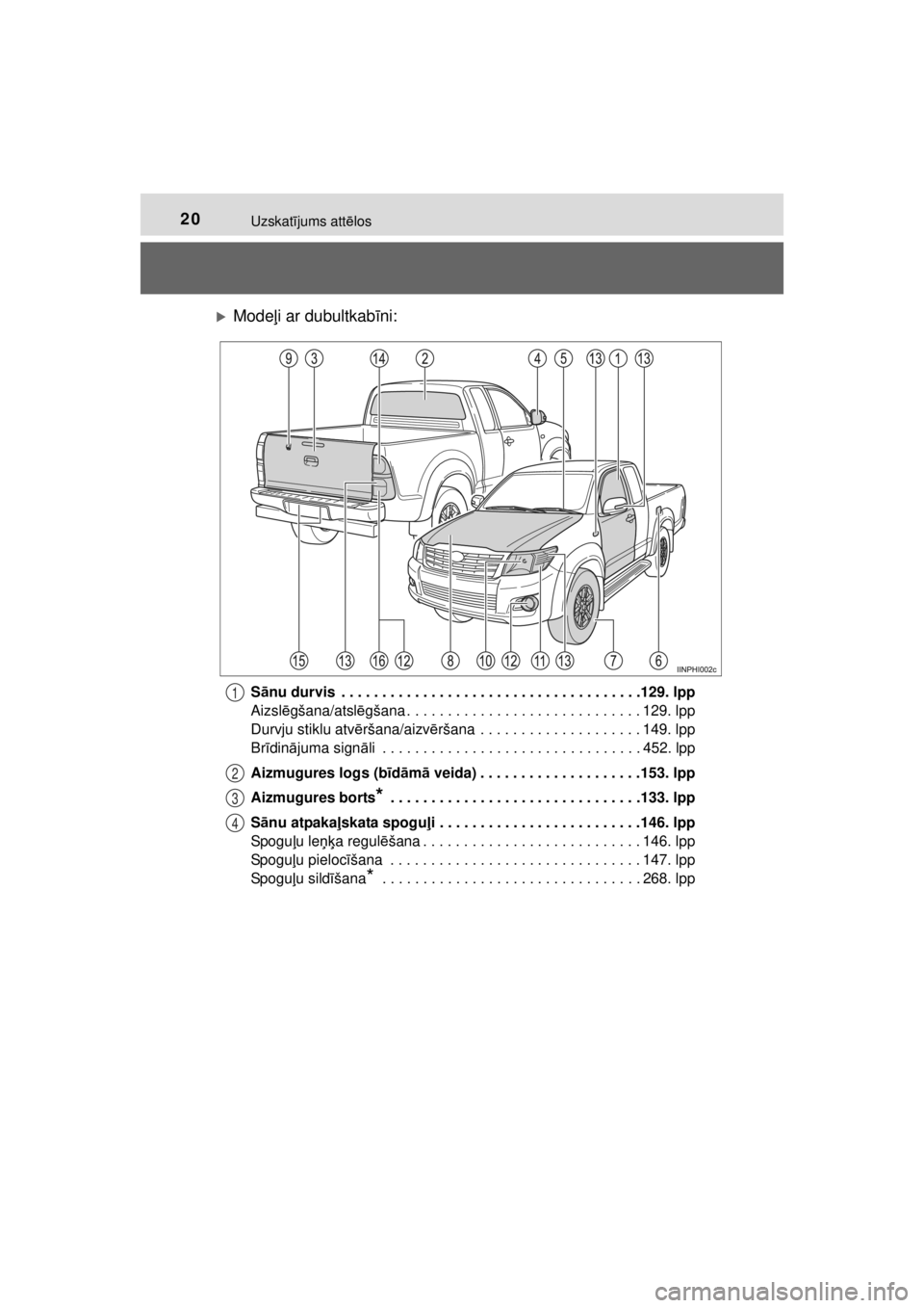 TOYOTA HILUX 2015  Lietošanas Instrukcija (in Latvian) 
20Uzskatījums att ēlos
HILUX_OM_OM0K219E_(EE)
�XMode ļi ar dubultkab īni:
S ānu durvis  . . . . . . . . . . . . . . . . . . . . . . . . . . . . . . . . . . . . .129. lpp
Aizsl ēgšana/atsl ēg