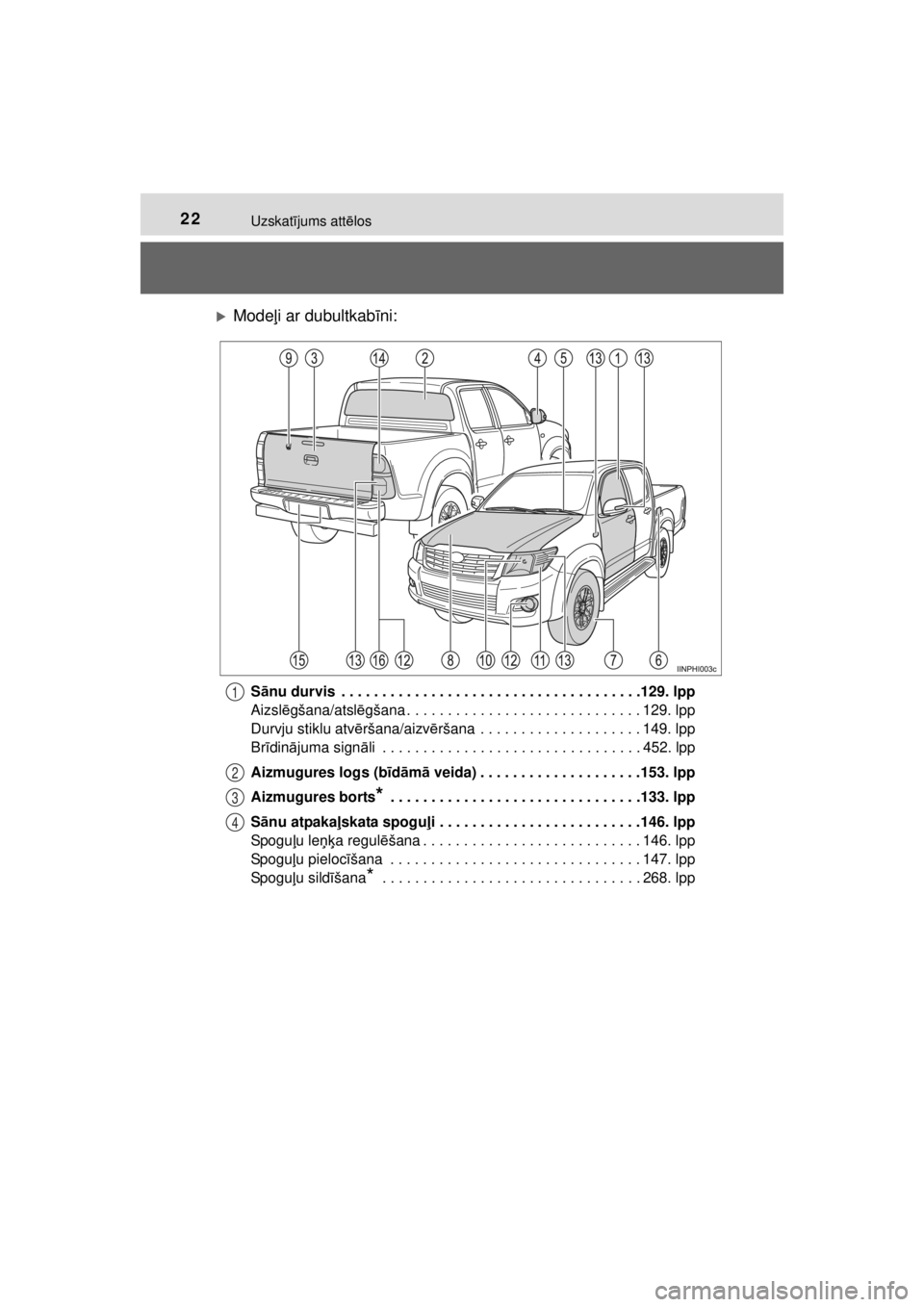 TOYOTA HILUX 2015  Lietošanas Instrukcija (in Latvian) 
22Uzskatījums att ēlos
HILUX_OM_OM0K219E_(EE)
�XMode ļi ar dubultkab īni:
S ānu durvis  . . . . . . . . . . . . . . . . . . . . . . . . . . . . . . . . . . . . .129. lpp
Aizsl ēgšana/atsl ēg