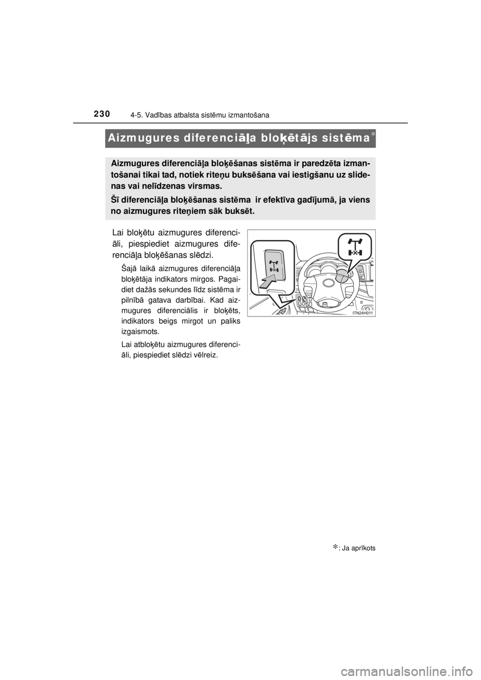 TOYOTA HILUX 2015 Lietošanas Instrukcija (in Latvian)
2304-5. Vadības atbalsta sist ēmu izmantošana
HILUX_OM_OM0K219E_(EE)
Aizmugures diferenci āļa blo ķētā js sist ēma∗
Lai blo ķētu aizmugures diferenci-
ā li, piespiediet aizmugures dife- TOYOTA HILUX 2015 Lietošanas Instrukcija (in Latvian)
2304-5. Vadības atbalsta sist ēmu izmantošana
HILUX_OM_OM0K219E_(EE)
Aizmugures diferenci āļa blo ķētā js sist ēma∗
Lai blo ķētu aizmugures diferenci-
ā li, piespiediet aizmugures dife-