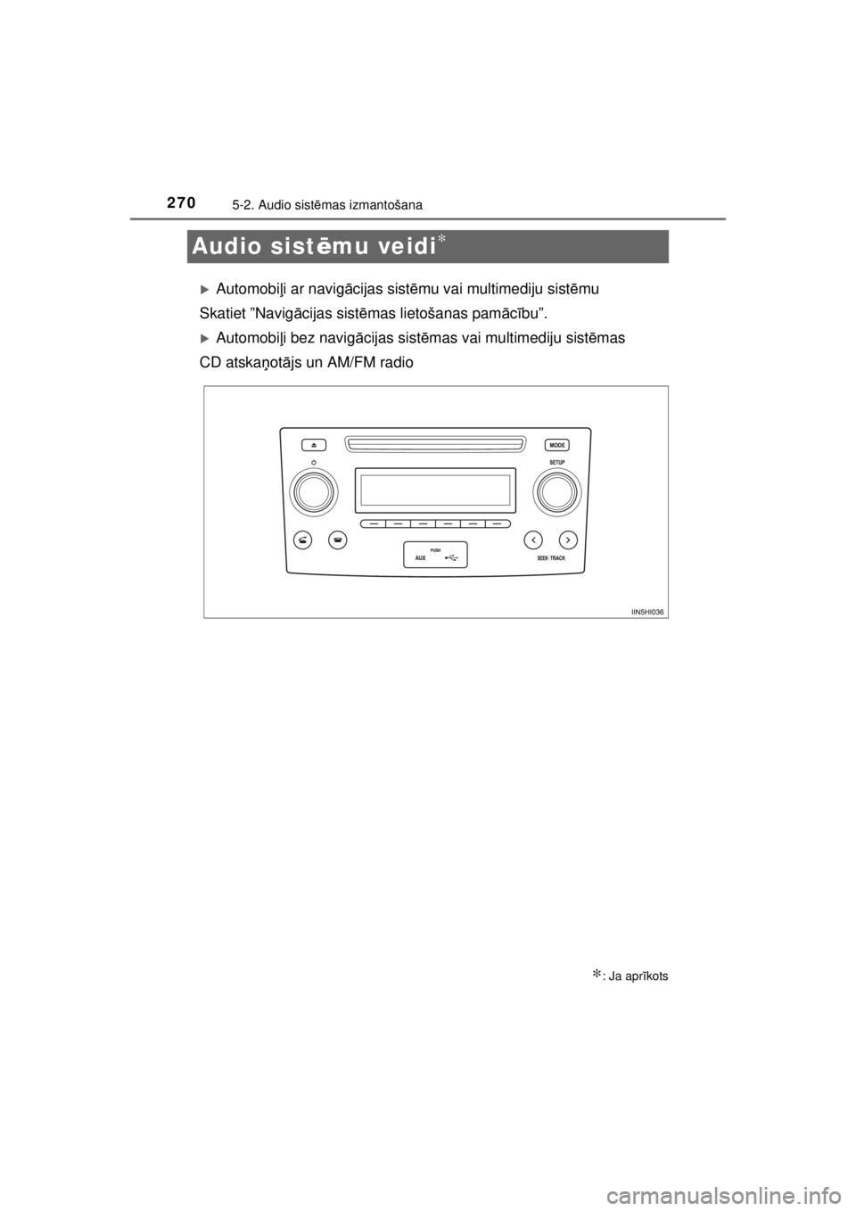 TOYOTA HILUX 2015  Lietošanas Instrukcija (in Latvian) 
2705-2. Audio sistēmas izmantošana
HILUX_OM_OM0K219E_(EE)
Audio sist ēmu veidi∗
�XAutomobi ļi ar navig ācijas sist ēmu vai multimediju sist ēmu
Skatiet ”Navig ācijas sist ēmas lietošana