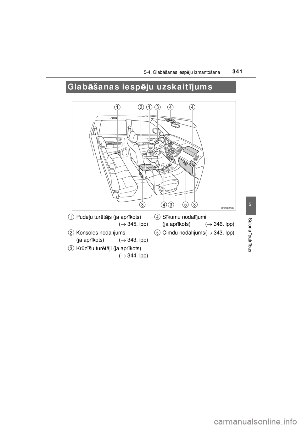 TOYOTA HILUX 2015  Lietošanas Instrukcija (in Latvian) 
341
5
5-4. Glabāšanas iesp ēju izmantošana
Salona  īpatn ības
HILUX_OM_OM0K219E_(EE)
Glab āšanas iesp ēju uzskait ījums
Pude ļu tur ētā js (ja apr īkots)
( →  345. lpp)
Konsoles nodal