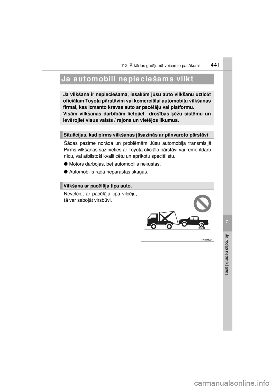 TOYOTA HILUX 2015  Lietošanas Instrukcija (in Latvian) 
441
7
7-2. Ārk ārtas gad ījum ā veicamie pas ākumi
Ja rodas nepatikšanas
HILUX_OM_OM0K219E_(EE)
Ja automobili nepieciešams vilkt
Š ādas paz īme nor āda un probl ēm ām J ūsu automobi ļa