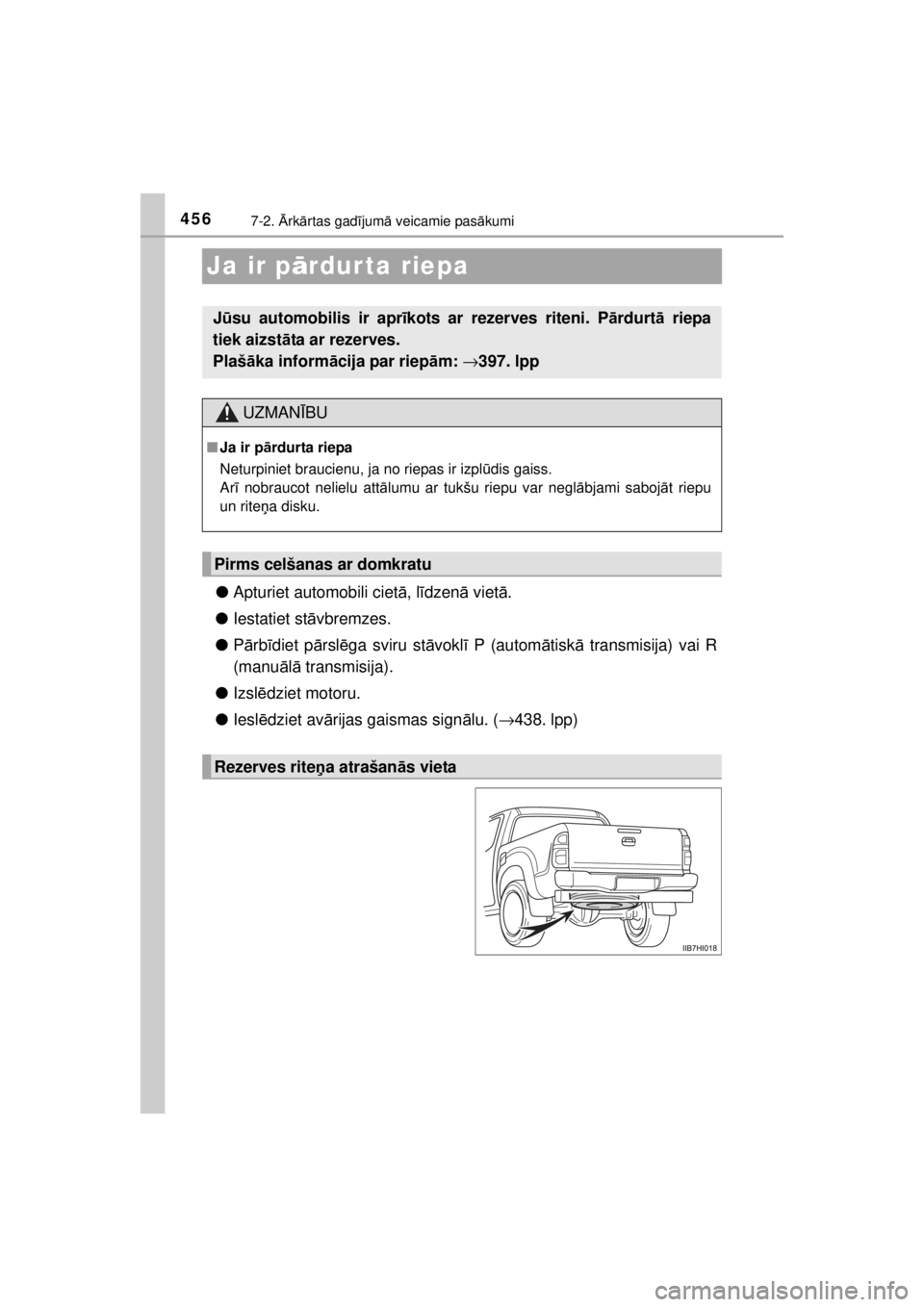 TOYOTA HILUX 2015 Lietošanas Instrukcija (in Latvian)
4567-2. Ārk ārtas gad ījum ā veicamie pas ākumi
HILUX_OM_OM0K219E_(EE)
Ja ir p ārdur ta riepa
● Apturiet automobili ciet ā, l īdzen ā viet ā.
● Iestatiet st āvbremzes.
● Pārb īdiet TOYOTA HILUX 2015 Lietošanas Instrukcija (in Latvian)
4567-2. Ārk ārtas gad ījum ā veicamie pas ākumi
HILUX_OM_OM0K219E_(EE)
Ja ir p ārdur ta riepa
● Apturiet automobili ciet ā, l īdzen ā viet ā.
● Iestatiet st āvbremzes.
● Pārb īdiet