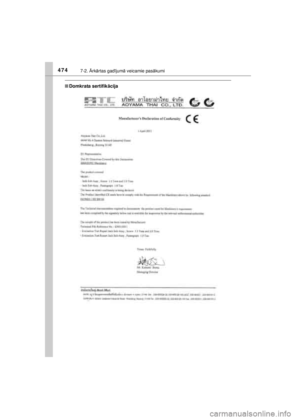 TOYOTA HILUX 2015 Lietošanas Instrukcija (in Latvian)
4747-2. Ārk ārtas gad ījum ā veicamie pas ākumi
HILUX_OM_OM0K219E_(EE)
■ Domkrata sertifik ācija
HILUX_OM_OM0K219E_(LV).book Page 474 Sunday, November 2, 2014 4:10 PM TOYOTA HILUX 2015 Lietošanas Instrukcija (in Latvian)
4747-2. Ārk ārtas gad ījum ā veicamie pas ākumi
HILUX_OM_OM0K219E_(EE)
■ Domkrata sertifik ācija
HILUX_OM_OM0K219E_(LV).book Page 474 Sunday, November 2, 2014 4:10 PM