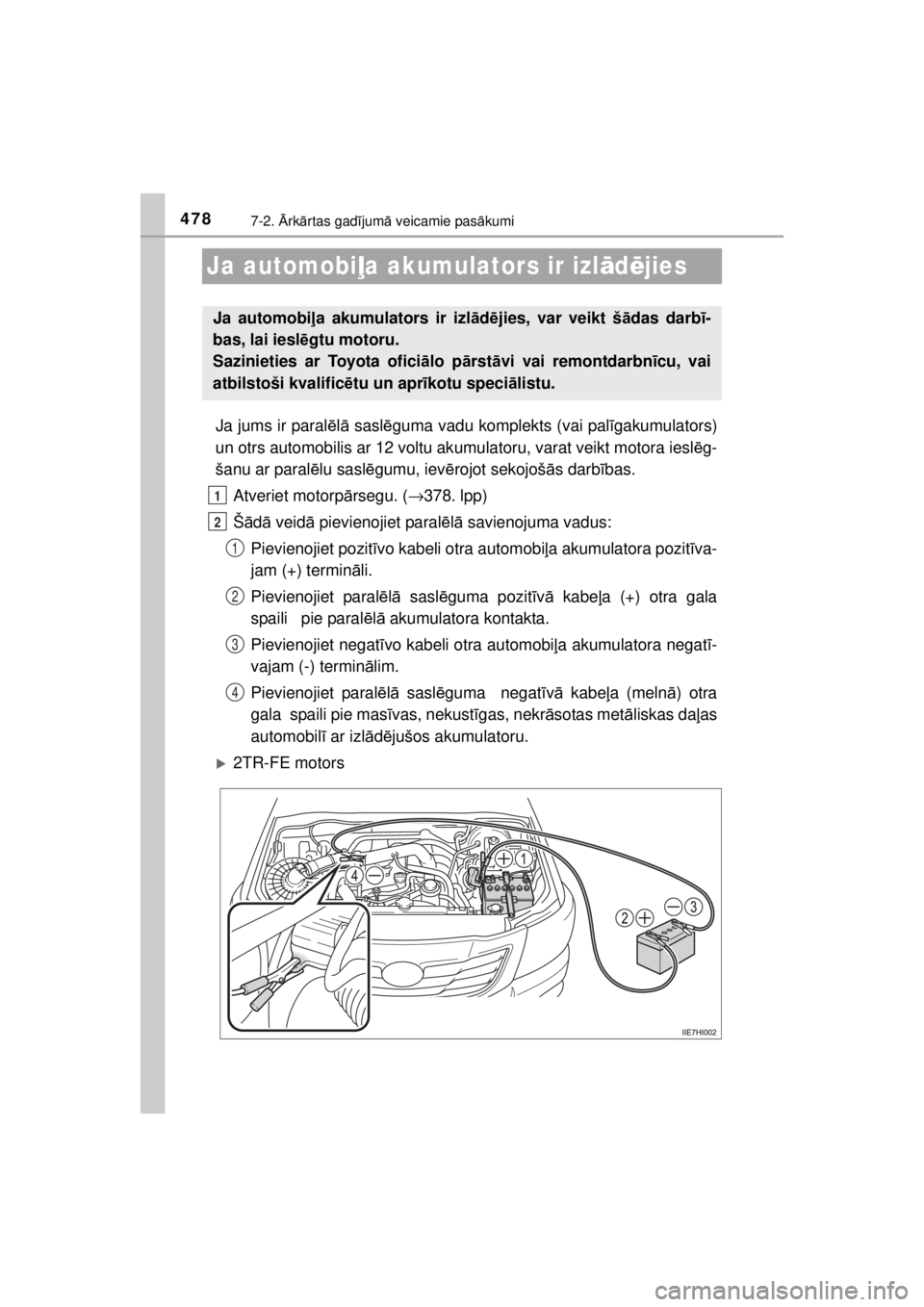 TOYOTA HILUX 2015 Lietošanas Instrukcija (in Latvian)
4787-2. Ārk ārtas gad ījum ā veicamie pas ākumi
HILUX_OM_OM0K219E_(EE)
Ja automobi ļa akumulators ir izl ādējies
Ja jums ir paral ēlā sasl ēguma vadu komplekts (vai pal īgakumulators)
un TOYOTA HILUX 2015 Lietošanas Instrukcija (in Latvian)
4787-2. Ārk ārtas gad ījum ā veicamie pas ākumi
HILUX_OM_OM0K219E_(EE)
Ja automobi ļa akumulators ir izl ādējies
Ja jums ir paral ēlā sasl ēguma vadu komplekts (vai pal īgakumulators)
un