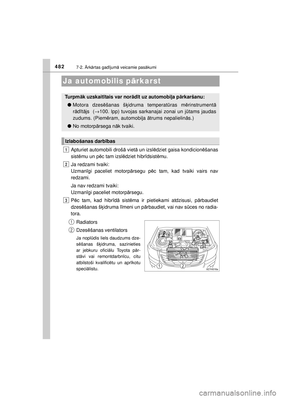 TOYOTA HILUX 2015 Lietošanas Instrukcija (in Latvian)
4827-2. Ārk ārtas gad ījum ā veicamie pas ākumi
HILUX_OM_OM0K219E_(EE)
Ja automobilis p ārkarst
Apturiet automobili droš ā viet ā un izsl ēdziet gaisa kondicion ēšanas
sist ēmu un p ēc TOYOTA HILUX 2015 Lietošanas Instrukcija (in Latvian)
4827-2. Ārk ārtas gad ījum ā veicamie pas ākumi
HILUX_OM_OM0K219E_(EE)
Ja automobilis p ārkarst
Apturiet automobili droš ā viet ā un izsl ēdziet gaisa kondicion ēšanas
sist ēmu un p ēc