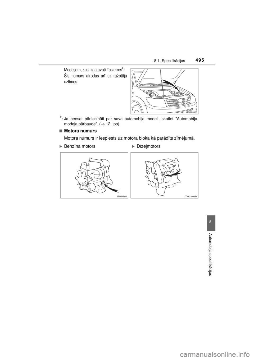 TOYOTA HILUX 2015  Lietošanas Instrukcija (in Latvian) 
495
8
8-1. Specifikācijas
Automobi ļa specifik ācijas
HILUX_OM_OM0K219E_(EE)
Mode ļiem, kas izgatavoti Taizemei*: 
Šis numurs atrodas ar ī uz ražot āja
uzl īmes.
*: Ja neesat p ārliecin āt