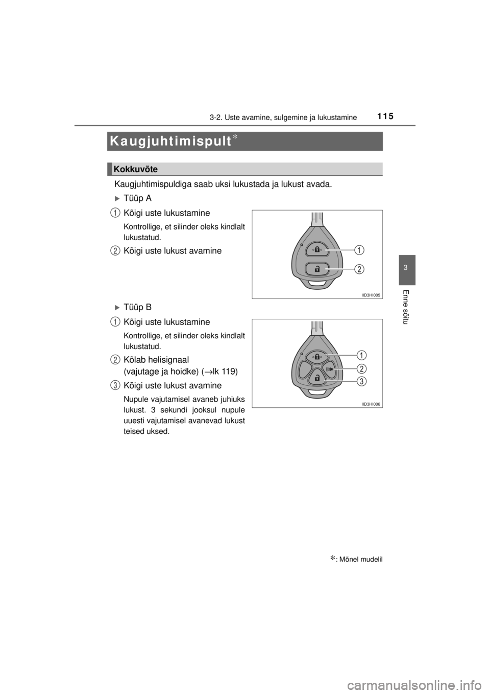 TOYOTA HILUX 2015  Kasutusjuhend (in Estonian) 
115
3
3-2. Uste avamine, sulgemine ja lukustamine
Enne sõitu
HILUX_OM_OM0K219E_(EE)
Kaugjuhtimispult∗
Kaugjuhtimispuldiga saab uksi lukustada ja lukust avada.
�XTüüp A
Kõigi uste lukustamine
Ko