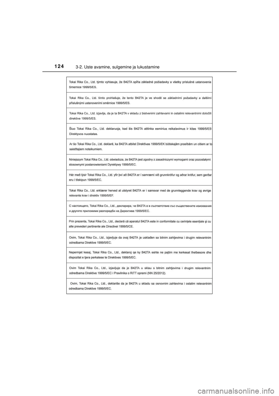 TOYOTA HILUX 2015  Kasutusjuhend (in Estonian) 
1243-2. Uste avamine, sulgemine ja lukustamine
HILUX_OM_OM0K219E_(EE)
HILUX_OM_OM0K219E_(EE).book  Page 124  Sunday, November 2, 2014  4:36 PM 