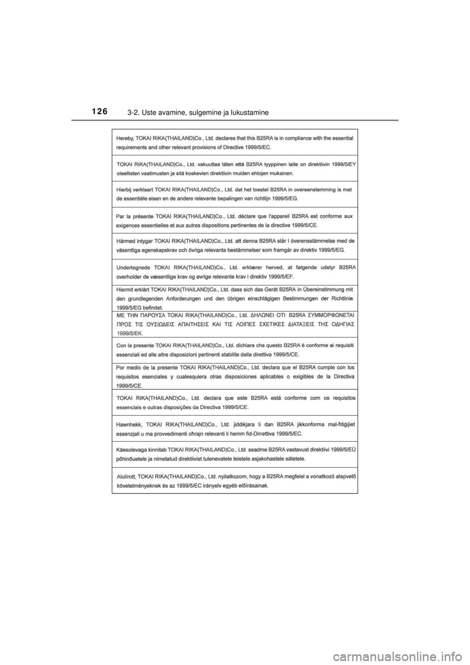 TOYOTA HILUX 2015  Kasutusjuhend (in Estonian) 
1263-2. Uste avamine, sulgemine ja lukustamine
HILUX_OM_OM0K219E_(EE)
HILUX_OM_OM0K219E_(EE).book  Page 126  Sunday, November 2, 2014  4:36 PM 