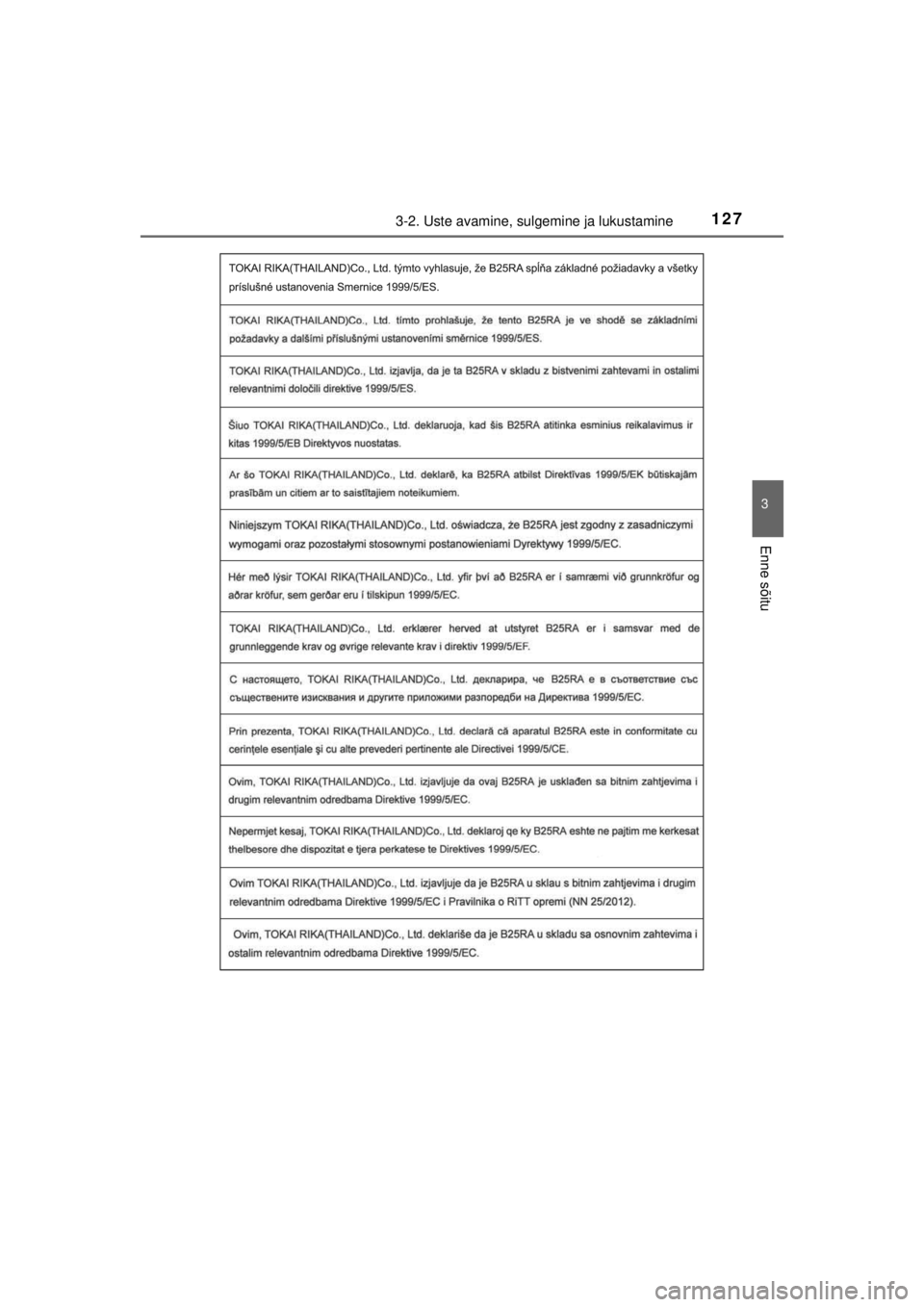 TOYOTA HILUX 2015  Kasutusjuhend (in Estonian) 
1273-2. Uste avamine, sulgemine ja lukustamine
3
Enne sõitu
HILUX_OM_OM0K219E_(EE)
HILUX_OM_OM0K219E_(EE).book  Page 127  Sunday, November 2, 2014  4:36 PM 