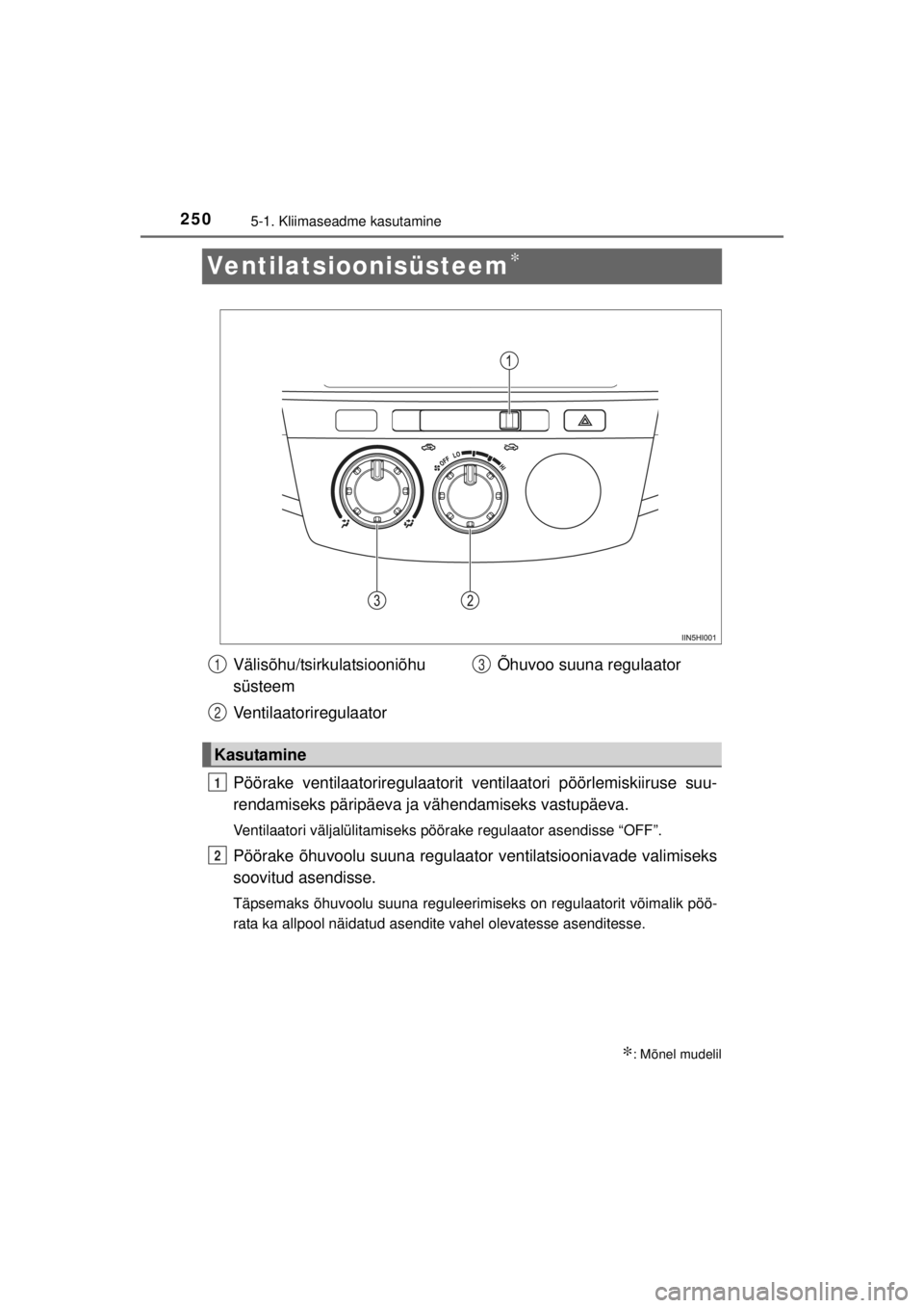 TOYOTA HILUX 2015  Kasutusjuhend (in Estonian) 
2505-1. Kliimaseadme kasutamine
HILUX_OM_OM0K219E_(EE)
Ventilatsioonisüsteem∗
Pöörake ventilaatoriregulaatorit ventilaatori pöörlemiskiiruse suu-
rendamiseks päripäeva ja vähendamiseks vast