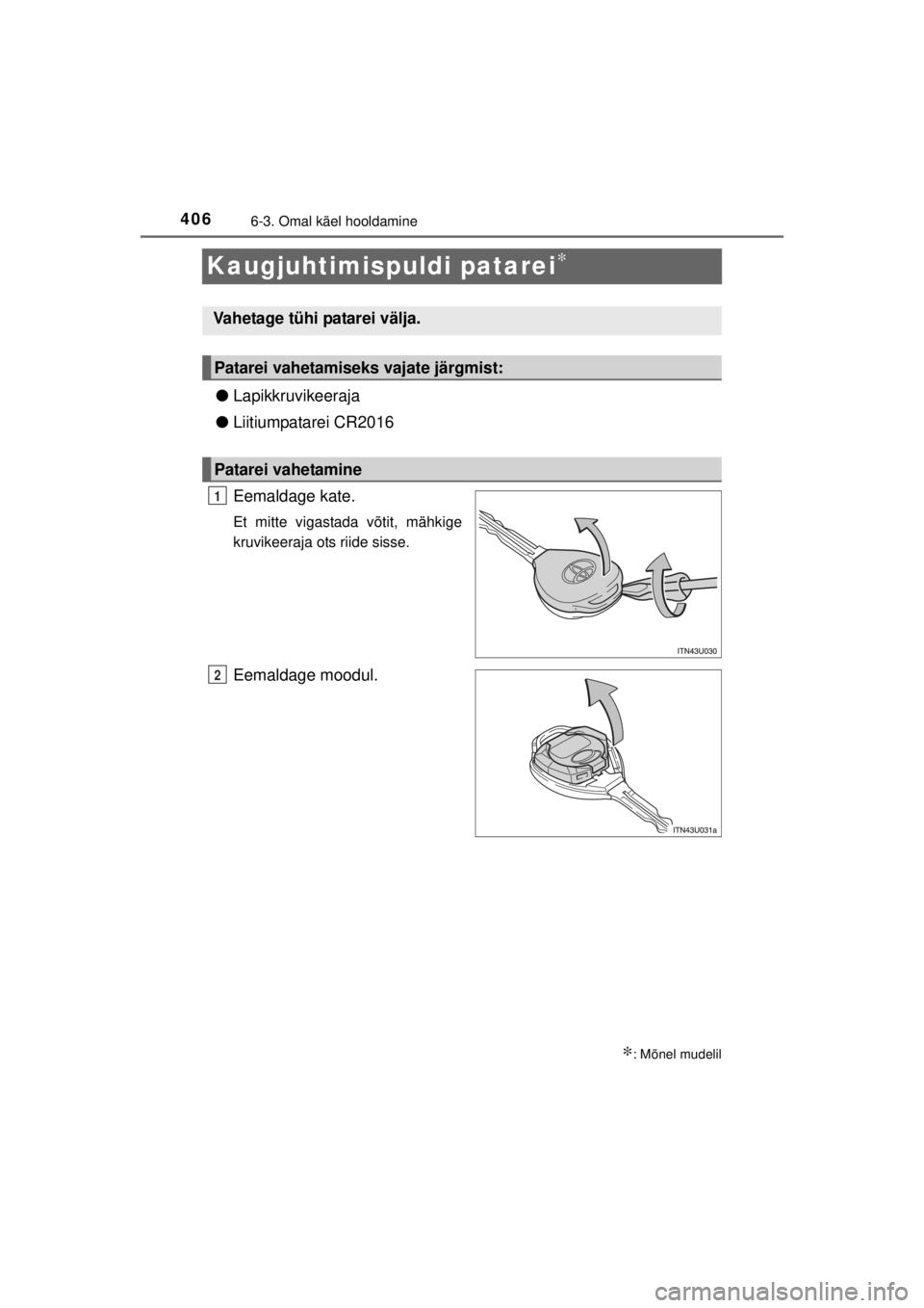 TOYOTA HILUX 2015 Kasutusjuhend (in Estonian)
4066-3. Omal käel hooldamine
HILUX_OM_OM0K219E_(EE)
Kaugjuhtimispuldi patarei∗
●Lapikkruvikeeraja
● Liitiumpatarei CR2016
Eemaldage kate.
Et mitte vigastada võtit, mähkige
kruvikeeraja ots r TOYOTA HILUX 2015 Kasutusjuhend (in Estonian)
4066-3. Omal käel hooldamine
HILUX_OM_OM0K219E_(EE)
Kaugjuhtimispuldi patarei∗
●Lapikkruvikeeraja
● Liitiumpatarei CR2016
Eemaldage kate.
Et mitte vigastada võtit, mähkige
kruvikeeraja ots r