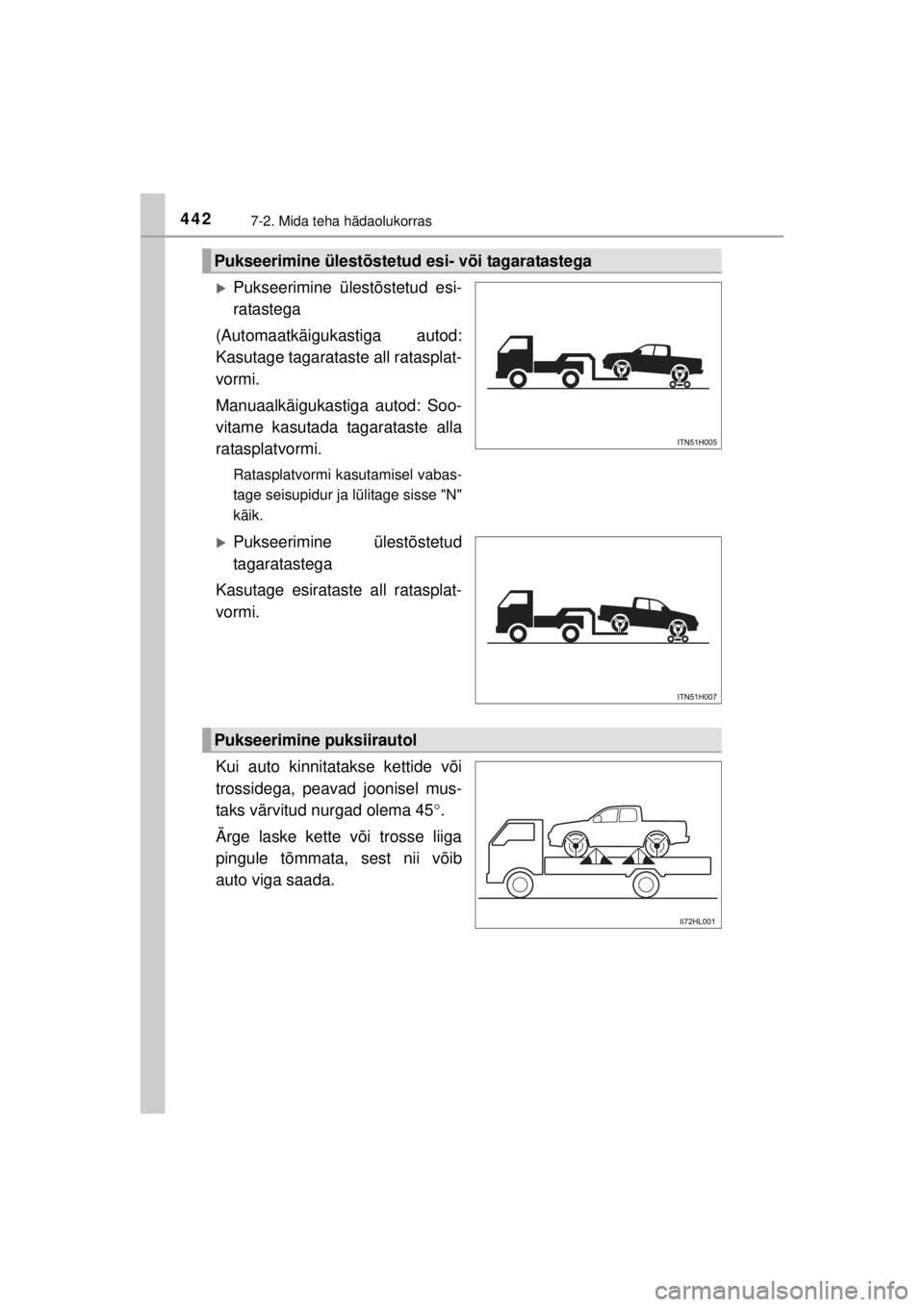 TOYOTA HILUX 2015  Kasutusjuhend (in Estonian) 
4427-2. Mida teha hädaolukorras
HILUX_OM_OM0K219E_(EE)
�XPukseerimine ülestõstetud esi-
ratastega
(Automaatkäigukastiga autod:
Kasutage tagarataste all ratasplat-
vormi.
Manuaalkäigukastiga auto