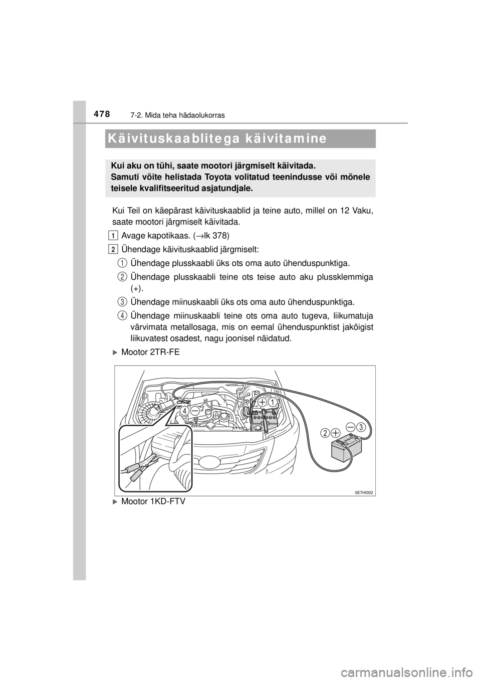 TOYOTA HILUX 2015 Kasutusjuhend (in Estonian)
4787-2. Mida teha hädaolukorras
HILUX_OM_OM0K219E_(EE)
Käivituskaablitega käivitamine
Kui Teil on käepärast käivituskaablid ja teine auto, millel on 12 Vaku,
saate mootori järgmiselt käivitad TOYOTA HILUX 2015 Kasutusjuhend (in Estonian)
4787-2. Mida teha hädaolukorras
HILUX_OM_OM0K219E_(EE)
Käivituskaablitega käivitamine
Kui Teil on käepärast käivituskaablid ja teine auto, millel on 12 Vaku,
saate mootori järgmiselt käivitad