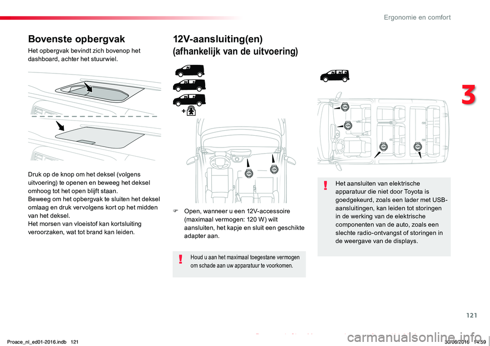 TOYOTA PROACE 2019 Instructieboekje (in Dutch) 121
Proace_nl_Chap03_ergonomie-et-confort_ed01-2016
Bovenste opbergvak
Het opbergvak bevindt zich bovenop het dashboard, achter het stuurwiel.
Druk op de knop om het deksel (volgens uitvoering) te ope TOYOTA PROACE 2019 Instructieboekje (in Dutch) 121
Proace_nl_Chap03_ergonomie-et-confort_ed01-2016
Bovenste opbergvak
Het opbergvak bevindt zich bovenop het dashboard, achter het stuurwiel.
Druk op de knop om het deksel (volgens uitvoering) te ope