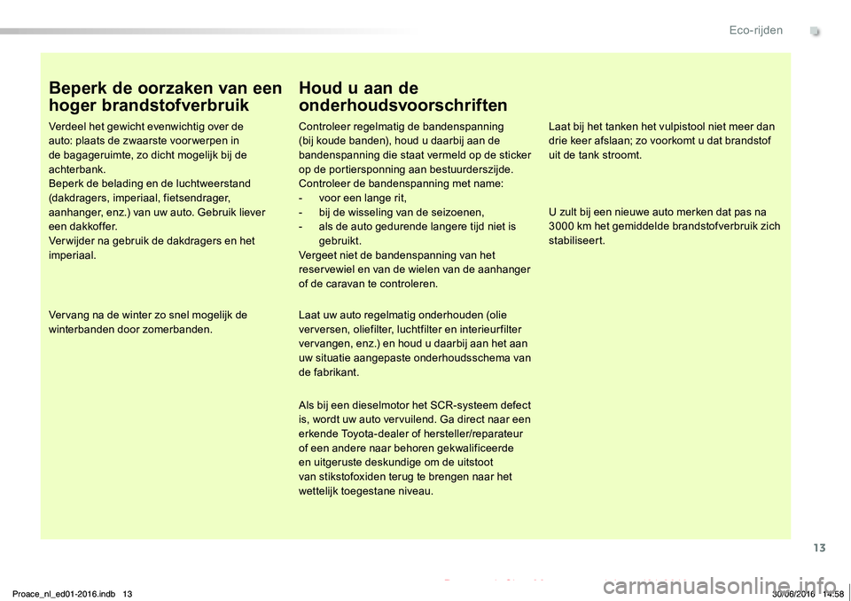 TOYOTA PROACE 2019 Instructieboekje (in Dutch) 13
Proace_nl_Chap00c_eco-conduite_ed01-2016
Beperk de oorzaken van een
hoger brandstofverbruik
Verdeel het gewicht evenwichtig over de auto: plaats de zwaarste voor werpen in de bagageruimte, zo dich TOYOTA PROACE 2019 Instructieboekje (in Dutch) 13
Proace_nl_Chap00c_eco-conduite_ed01-2016
Beperk de oorzaken van een
hoger brandstofverbruik
Verdeel het gewicht evenwichtig over de auto: plaats de zwaarste voor werpen in de bagageruimte, zo dich