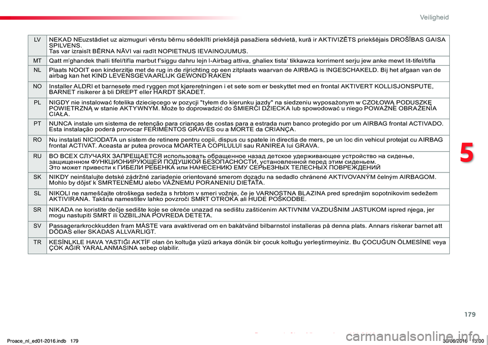 TOYOTA PROACE 2019 Instructieboekje (in Dutch) 179
LVNEK AD NEuzstādiet uz aizmuguri vērstu bērnu sēdeklīti priekšējā pasažiera sēdvietā, kurā ir AKTIVIZĒTS priekšējais DROŠĪBAS GAISA S P I LV E N S .Tas var izraisīt BĒRNA NĀVI TOYOTA PROACE 2019 Instructieboekje (in Dutch) 179
LVNEK AD NEuzstādiet uz aizmuguri vērstu bērnu sēdeklīti priekšējā pasažiera sēdvietā, kurā ir AKTIVIZĒTS priekšējais DROŠĪBAS GAISA S P I LV E N S .Tas var izraisīt BĒRNA NĀVI
