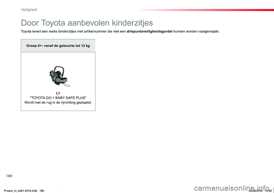TOYOTA PROACE 2019 Instructieboekje (in Dutch) 180
Proace_nl_Chap05_securite_ed01-2016
Door Toyota aanbevolen kinderzitjes
Toyota levert een reeks kinderzitjes met artikelnummer die met een driepuntsveiligheidsgordel kunnen worden vastgemaakt.
Gro TOYOTA PROACE 2019 Instructieboekje (in Dutch) 180
Proace_nl_Chap05_securite_ed01-2016
Door Toyota aanbevolen kinderzitjes
Toyota levert een reeks kinderzitjes met artikelnummer die met een driepuntsveiligheidsgordel kunnen worden vastgemaakt.
Gro