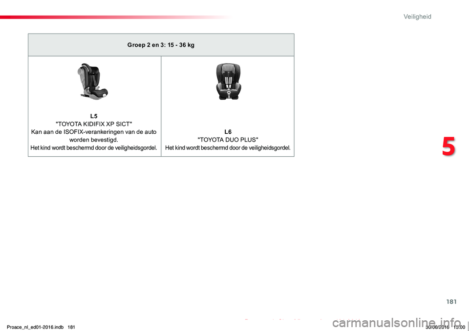 TOYOTA PROACE 2019 Instructieboekje (in Dutch) 181
Proace_nl_Chap05_securite_ed01-2016
Groep 2 en 3: 15 - 36 kg
L5 "TOYOTA KIDIFIX XP SICT"Kan aan de ISOFIX-verankeringen van de auto worden bevestigd.Het kind wordt beschermd door de veilig TOYOTA PROACE 2019 Instructieboekje (in Dutch) 181
Proace_nl_Chap05_securite_ed01-2016
Groep 2 en 3: 15 - 36 kg
L5 "TOYOTA KIDIFIX XP SICT"Kan aan de ISOFIX-verankeringen van de auto worden bevestigd.Het kind wordt beschermd door de veilig