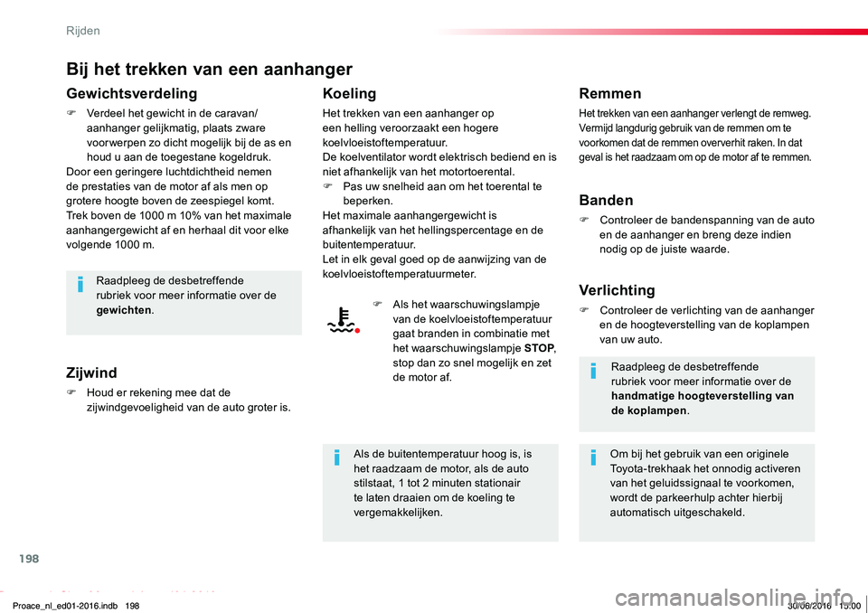 TOYOTA PROACE 2019 Instructieboekje (in Dutch) 198
Proace_nl_Chap06_conduite_ed01-2016
Bij het trekken van een aanhanger
Gewichtsverdeling
F Verdeel het gewicht in de caravan/aanhanger gelijkmatig, plaats zware voor werpen zo dicht mogelijk bij de TOYOTA PROACE 2019 Instructieboekje (in Dutch) 198
Proace_nl_Chap06_conduite_ed01-2016
Bij het trekken van een aanhanger
Gewichtsverdeling
F Verdeel het gewicht in de caravan/aanhanger gelijkmatig, plaats zware voor werpen zo dicht mogelijk bij de