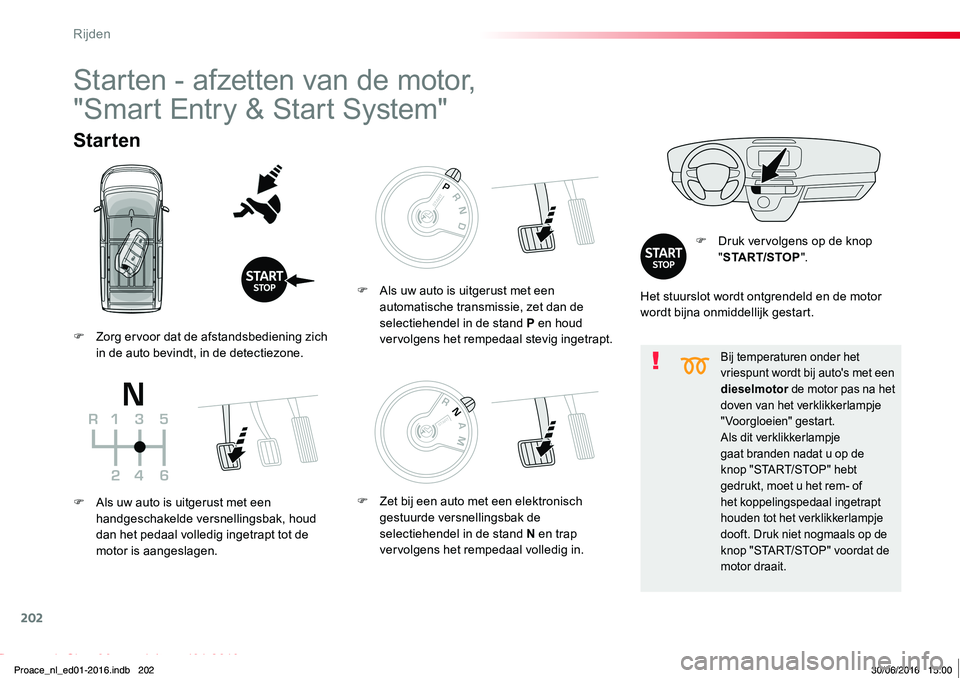 TOYOTA PROACE 2019 Instructieboekje (in Dutch) 202
Proace_nl_Chap06_conduite_ed01-2016
Bij temperaturen onder het vriespunt wordt bij auto's met een dieselmotor de motor pas na het doven van het verklikkerlampje "Voorgloeien" gestart.A TOYOTA PROACE 2019 Instructieboekje (in Dutch) 202
Proace_nl_Chap06_conduite_ed01-2016
Bij temperaturen onder het vriespunt wordt bij auto's met een dieselmotor de motor pas na het doven van het verklikkerlampje "Voorgloeien" gestart.A