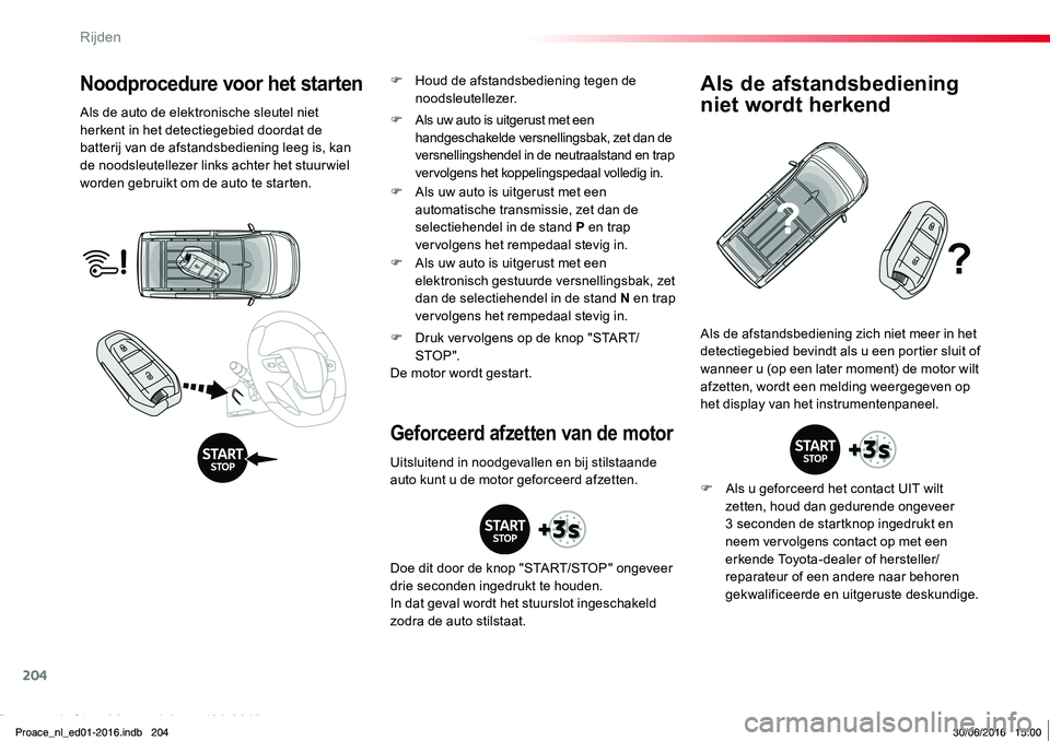 TOYOTA PROACE 2019 Instructieboekje (in Dutch) 204
Proace_nl_Chap06_conduite_ed01-2016
Noodprocedure voor het starten
Als de auto de elektronische sleutel niet herkent in het detectiegebied doordat de batterij van de afstandsbediening leeg is, kan TOYOTA PROACE 2019 Instructieboekje (in Dutch) 204
Proace_nl_Chap06_conduite_ed01-2016
Noodprocedure voor het starten
Als de auto de elektronische sleutel niet herkent in het detectiegebied doordat de batterij van de afstandsbediening leeg is, kan