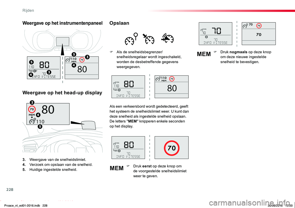 TOYOTA PROACE 2019 Instructieboekje (in Dutch) 228
MEM
MEM
Proace_nl_Chap06_conduite_ed01-2016
3. Weergave van de snelheidslimiet.4. Verzoek om opslaan van de snelheid.5. Huidige ingestelde snelheid.
Weergave op het instrumentenpaneel
Weergave op TOYOTA PROACE 2019 Instructieboekje (in Dutch) 228
MEM
MEM
Proace_nl_Chap06_conduite_ed01-2016
3. Weergave van de snelheidslimiet.4. Verzoek om opslaan van de snelheid.5. Huidige ingestelde snelheid.
Weergave op het instrumentenpaneel
Weergave op