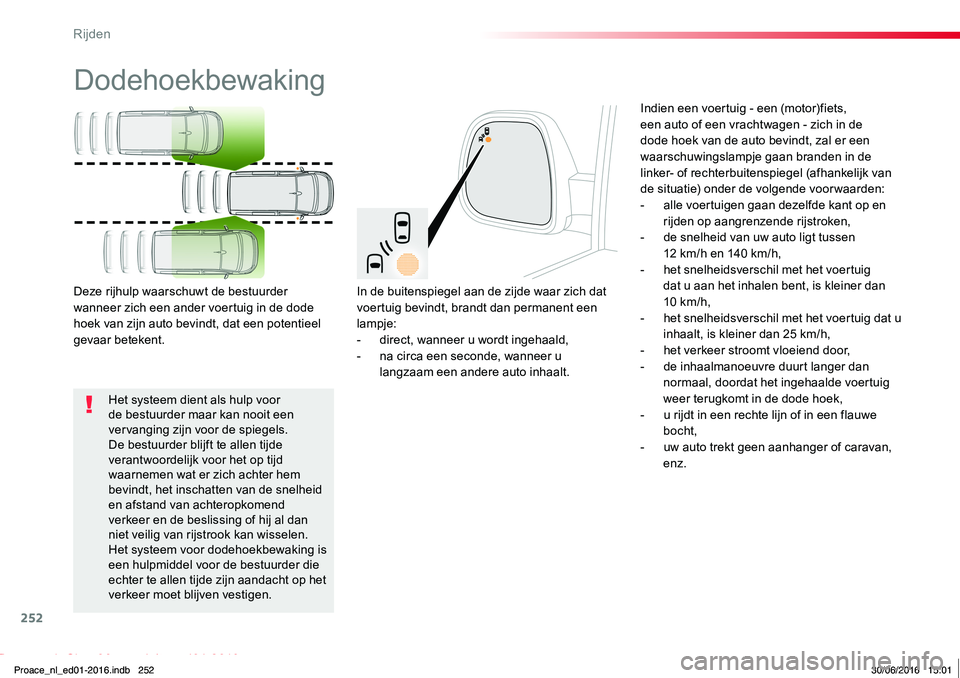 TOYOTA PROACE 2019 Instructieboekje (in Dutch) 252
Proace_nl_Chap06_conduite_ed01-2016
Dodehoekbewaking
In de buitenspiegel aan de zijde waar zich dat voertuig bevindt, brandt dan permanent een lampje:- direct, wanneer u wordt ingehaald,- na circa TOYOTA PROACE 2019 Instructieboekje (in Dutch) 252
Proace_nl_Chap06_conduite_ed01-2016
Dodehoekbewaking
In de buitenspiegel aan de zijde waar zich dat voertuig bevindt, brandt dan permanent een lampje:- direct, wanneer u wordt ingehaald,- na circa