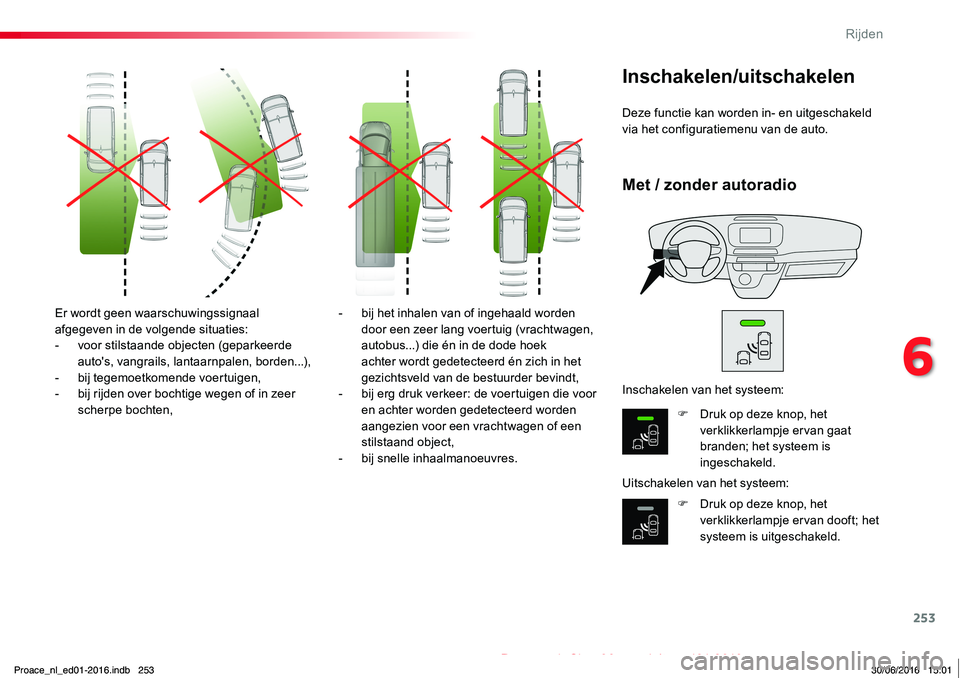 TOYOTA PROACE 2019 Instructieboekje (in Dutch) 253
Proace_nl_Chap06_conduite_ed01-2016
Er wordt geen waarschuwingssignaal afgegeven in de volgende situaties:- voor stilstaande objecten (geparkeerde auto's, vangrails, lantaarnpalen, borden...), TOYOTA PROACE 2019 Instructieboekje (in Dutch) 253
Proace_nl_Chap06_conduite_ed01-2016
Er wordt geen waarschuwingssignaal afgegeven in de volgende situaties:- voor stilstaande objecten (geparkeerde auto's, vangrails, lantaarnpalen, borden...),