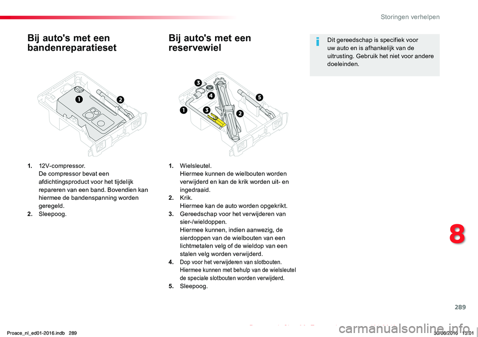 TOYOTA PROACE 2019  Instructieboekje (in Dutch) 289
Proace_nl_Chap08_En-cas-de-panne_ed01-2016
Bij auto's met een 
bandenreparatieset
1. 12V-compressor. De compressor bevat een afdichtingsproduct voor het tijdelijk repareren van een band. Boven
