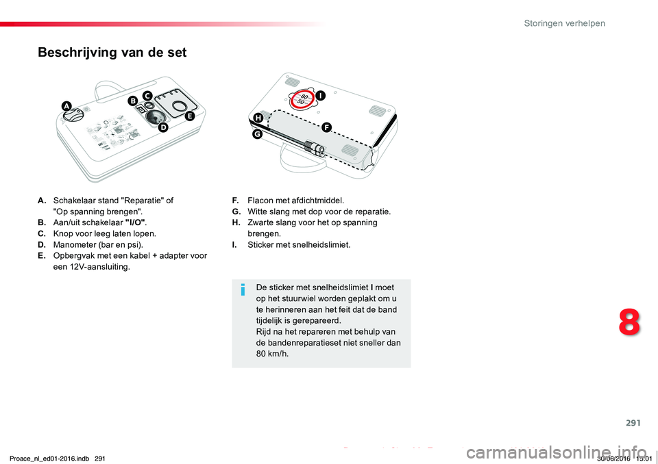 TOYOTA PROACE 2019  Instructieboekje (in Dutch) 291
Proace_nl_Chap08_En-cas-de-panne_ed01-2016
A. Schakelaar stand "Reparatie" of "Op  spanning brengen".B. Aan/uit schakelaar "I/O".C.  Knop voor leeg laten lopen.D.  Manomete